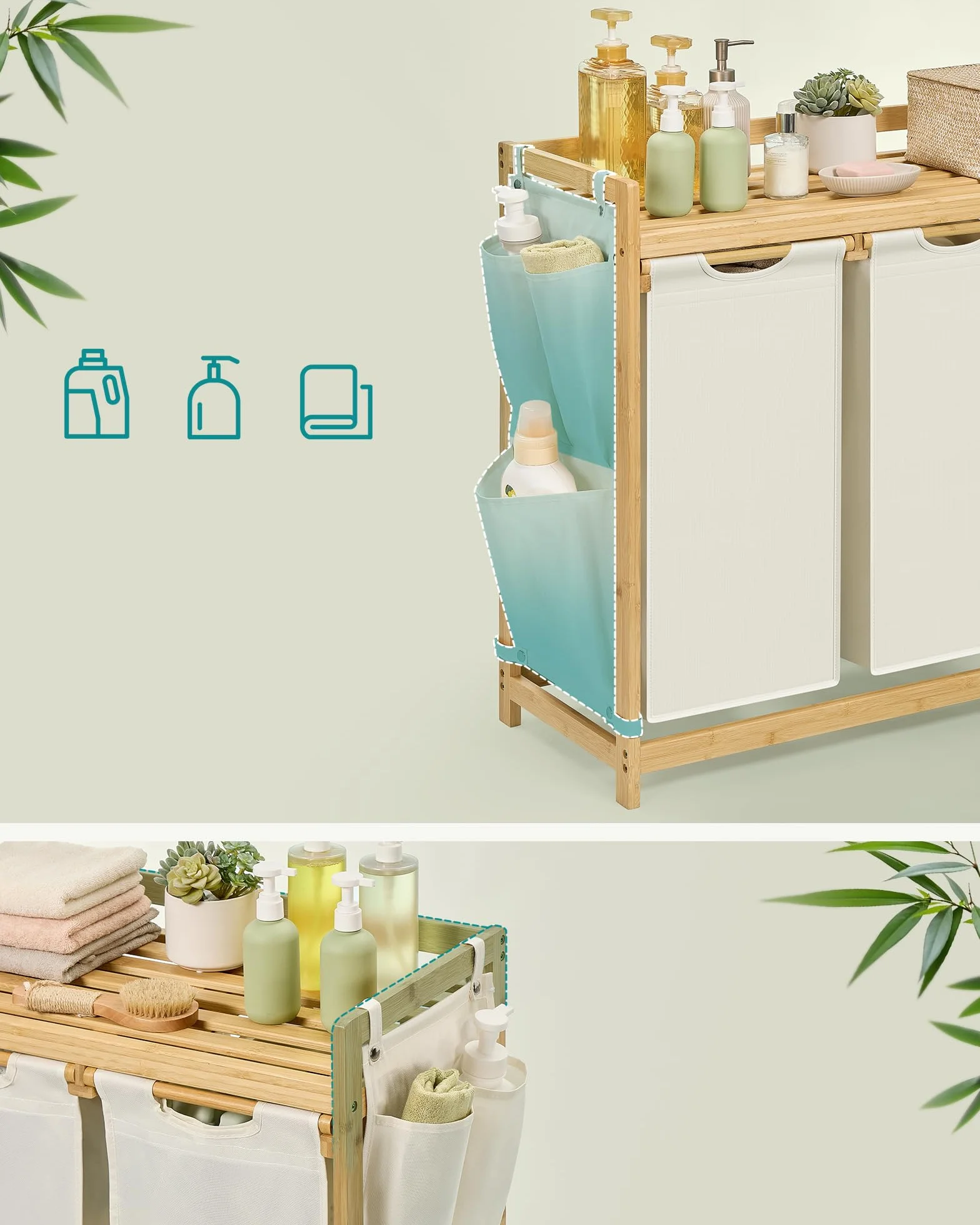 SONGMICS Kosz na pranie, z 3 przegródkami, kosz na brudną bieliznę, bambusowy, pojemność 150 l, z półką, kieszeniami bocznymi, 3 x 50 l, 94 x 33 x 78 cm, kremowo-biały RLH115W01
