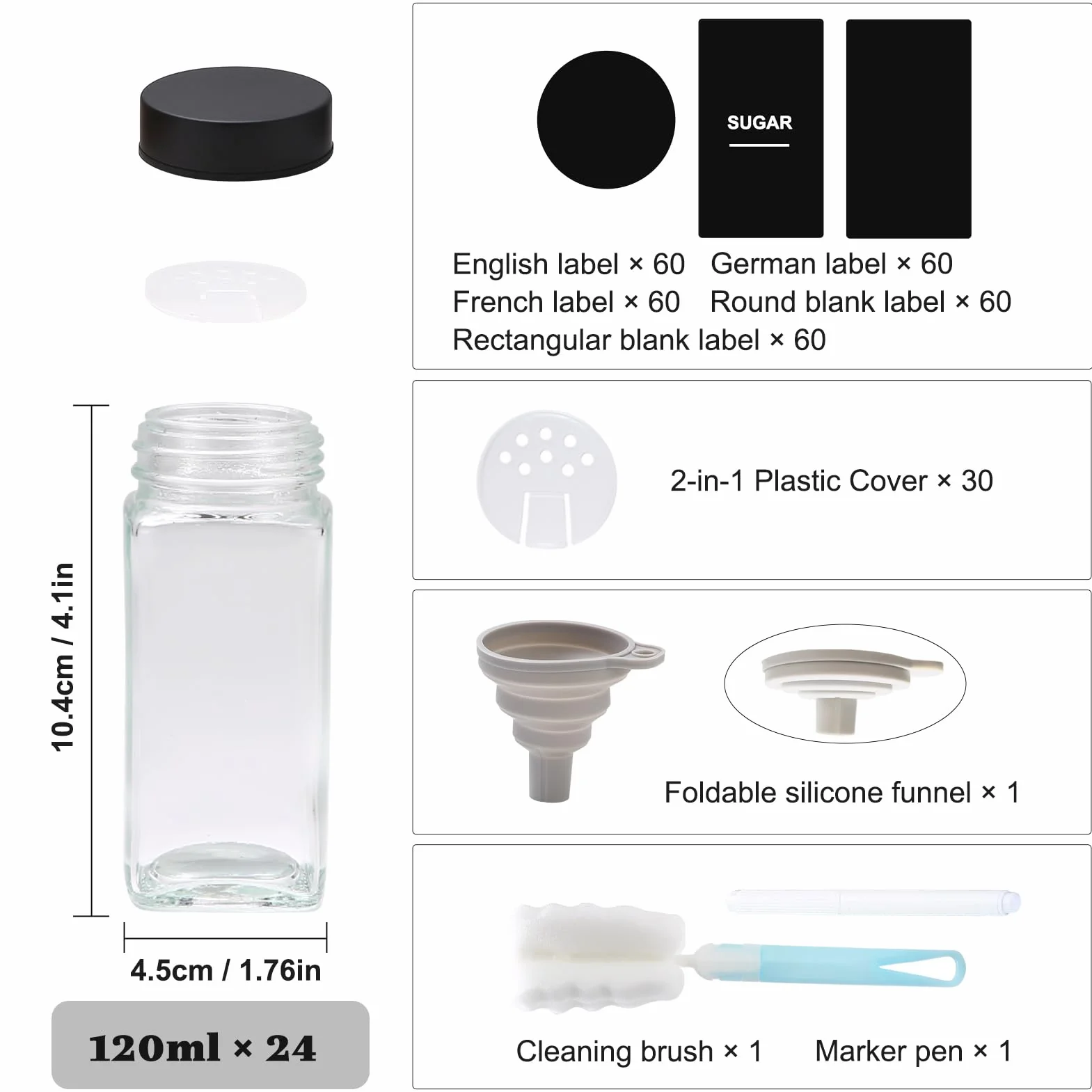 LUFEVRM Minimalistyczne kwadratowe szklane słoiki na przyprawy z pokrywkami, 120 ml, 4,3 cm x 10,7 cm x 4,1 cm, zawiera lejek i szczotkę, organizer na przyprawy
