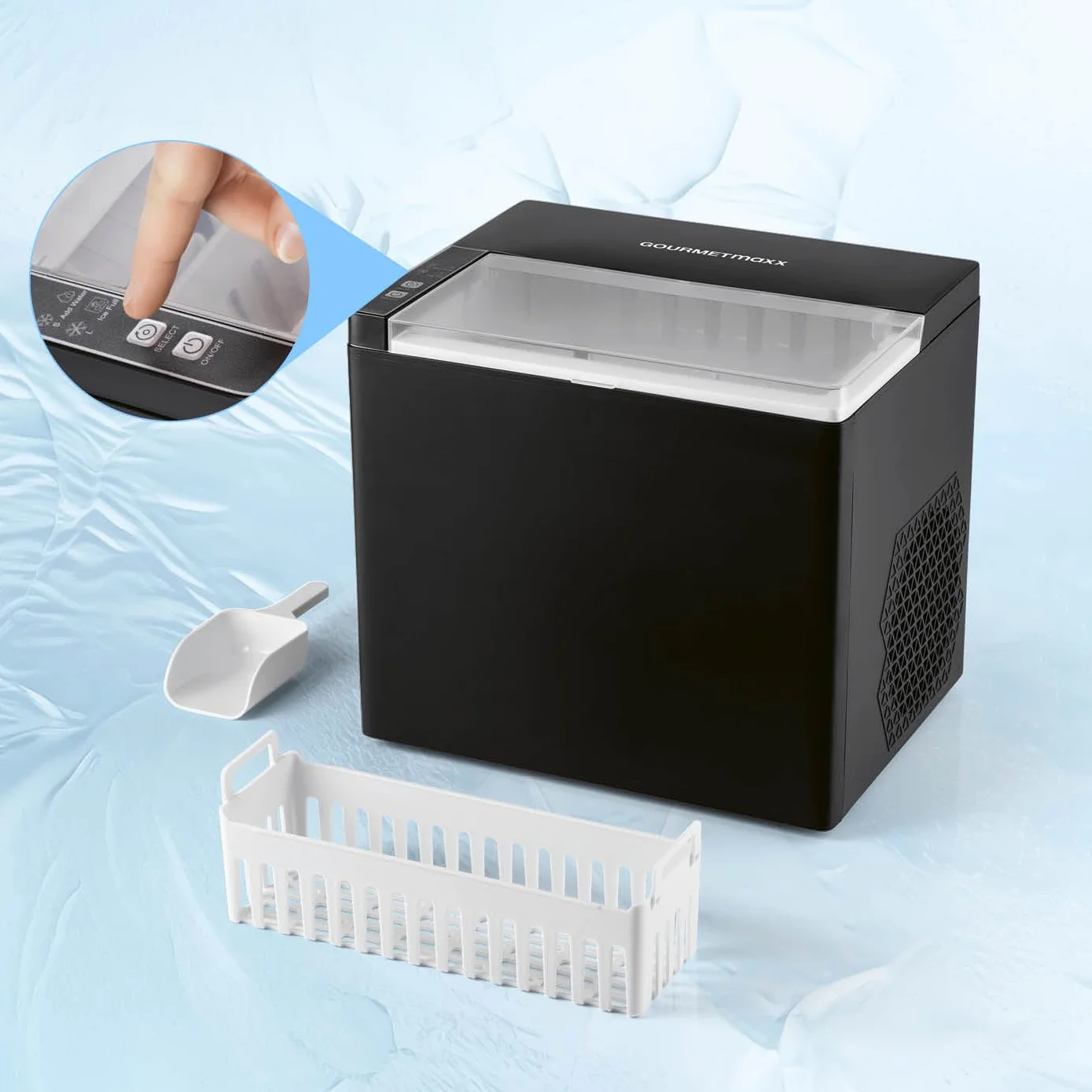 GOURMETmaxx kostkarka do lodu o mocy 150 W, na kemping i do współpracy, nie wymaga podłączenia wody, domowa kostkarka do lodu, w zestawie z pojemnikiem na odpady i łopatką do lodu, 12 kg dziennie