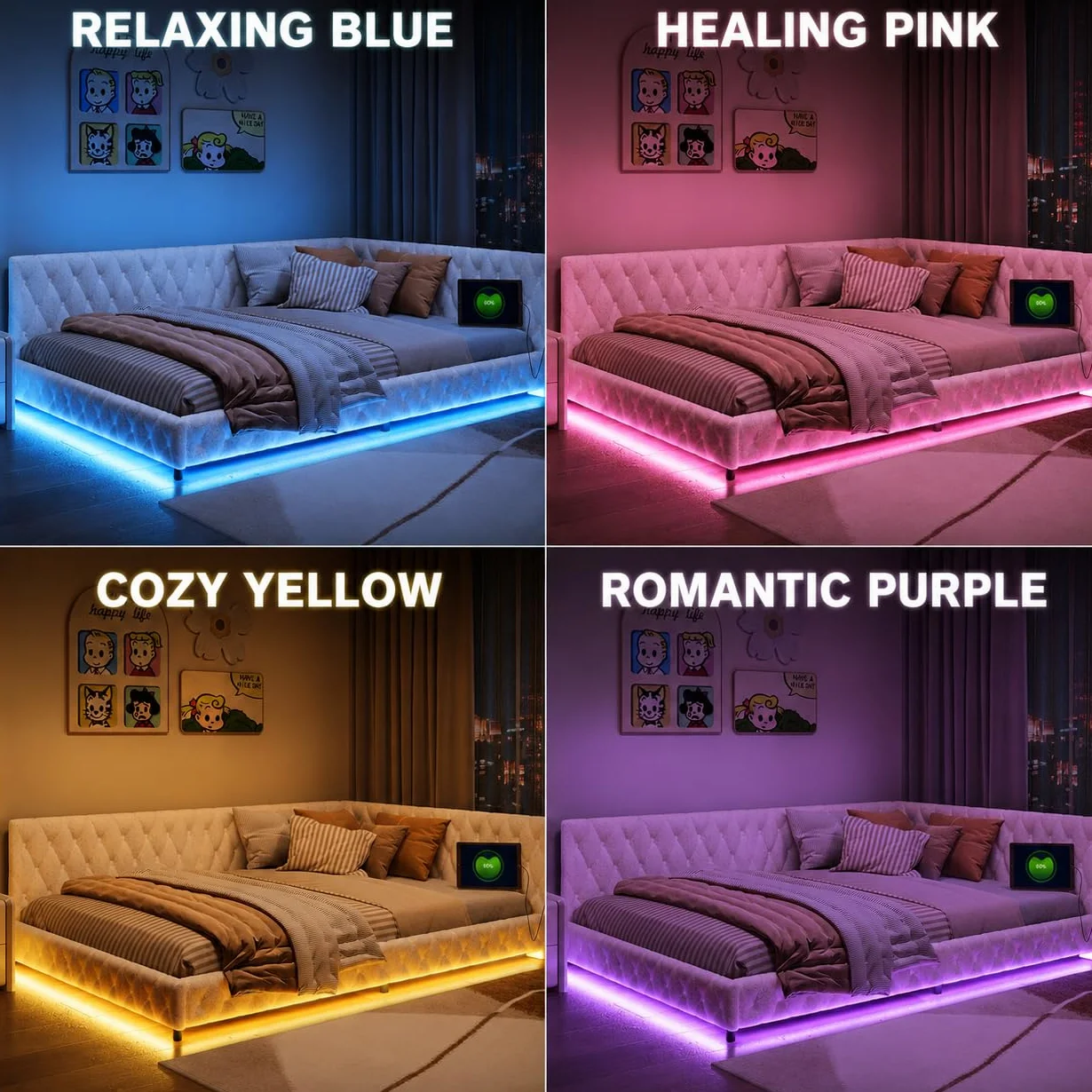 BRILVERDE Łóżko tapicerowane 140 x 200 cm, z diodami LED i USB, łóżko dziecięce, sofa ze stelażem, łóżko podwójne, dla dzieci i młodzieży, wełna jagnięca, bez materaca (białe, 140 x 200 cm)