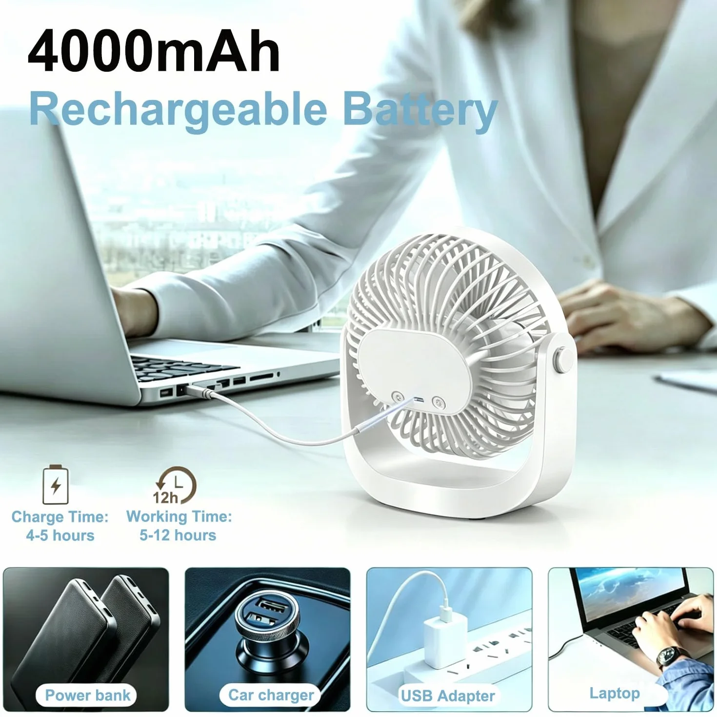 Wentylator biurkowy z lampką nocną, przenośny cichy wentylator z akumulatorem ładowanym przez USB, obrót o 360° - 5 ustawień prędkości - zdejmowane łopatki do łatwego czyszczenia, do sypialni, biura