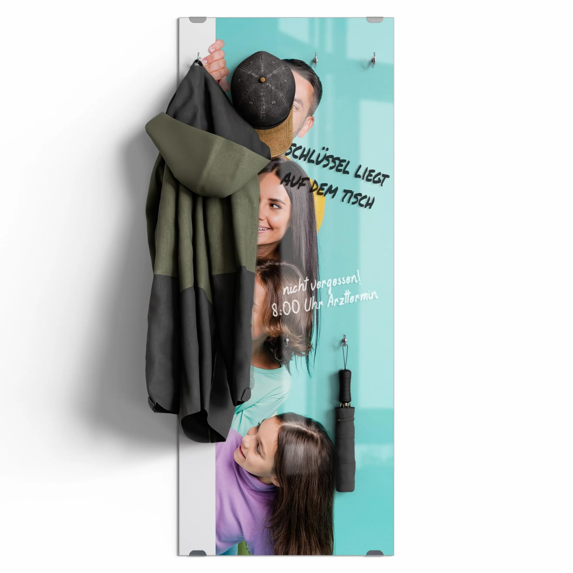 DEQORI Spersonalizowana szklana garderoba z własnym zdjęciem lub wzorem | szkło bezpieczne ESG z 7 haczykami | wieszak ścienny 50 x 125 cm – do pisania, łatwy w pielęgnacji i wytrzymały – do korytarza