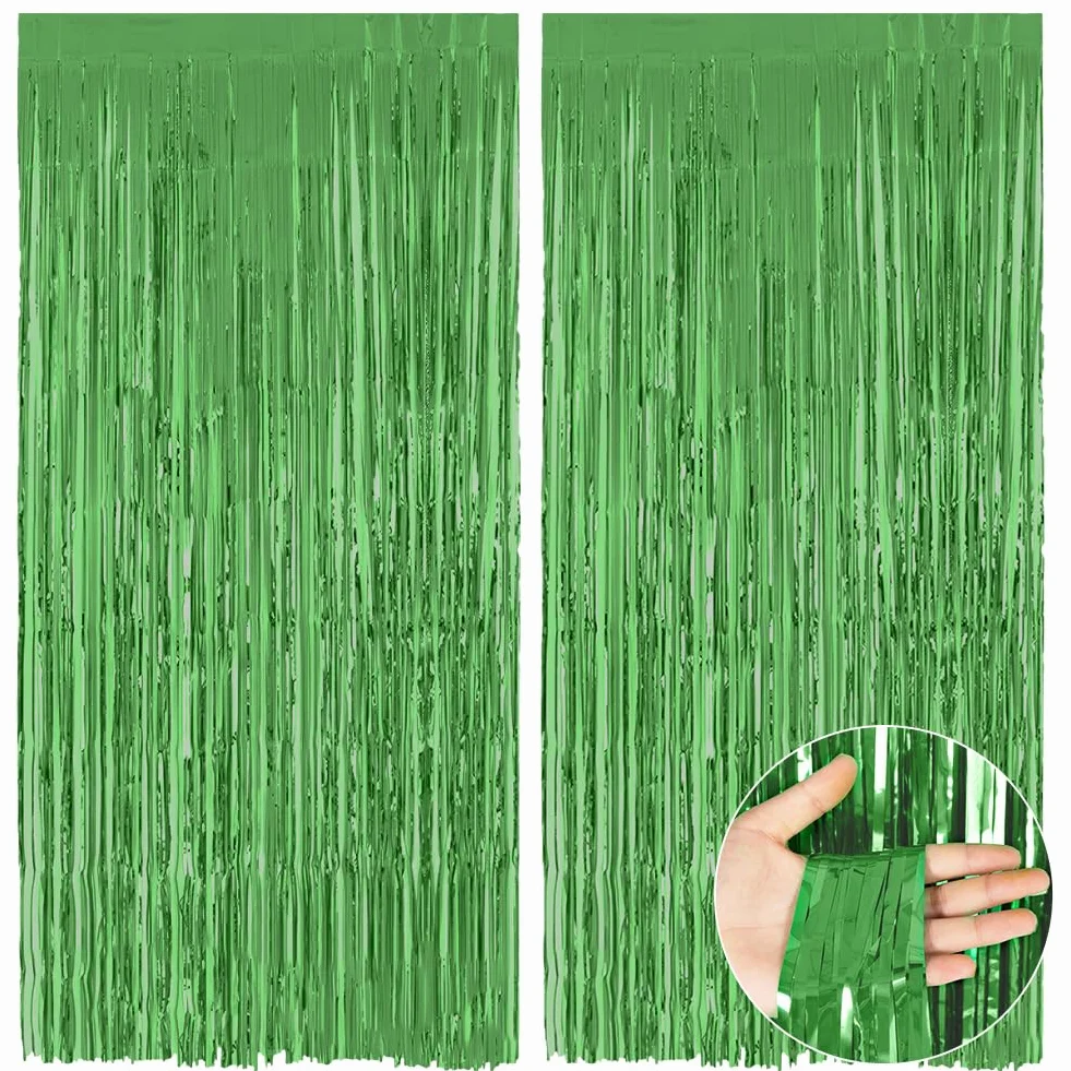 2 szt., 1 x 2 m, zasłona z frędzlami z folii aluminiowej, do zawieszania drzwi, serpentyny imprezowe, dekoracje na przyjęcie urodzinowe, ślub, Boże Narodzenie, tło fotograficzne, zielone