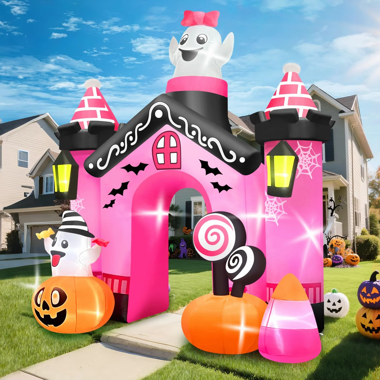 Kalolary 11FT Nadmuchiwany łuk w kształcie zamku wysokości Halloween dekoracja zewnętrzna, gigantyczny różowy łuk z uroczą dynią i duchem na imprezę halloweenową, na zewnątrz, do ogrodu, na trawnik