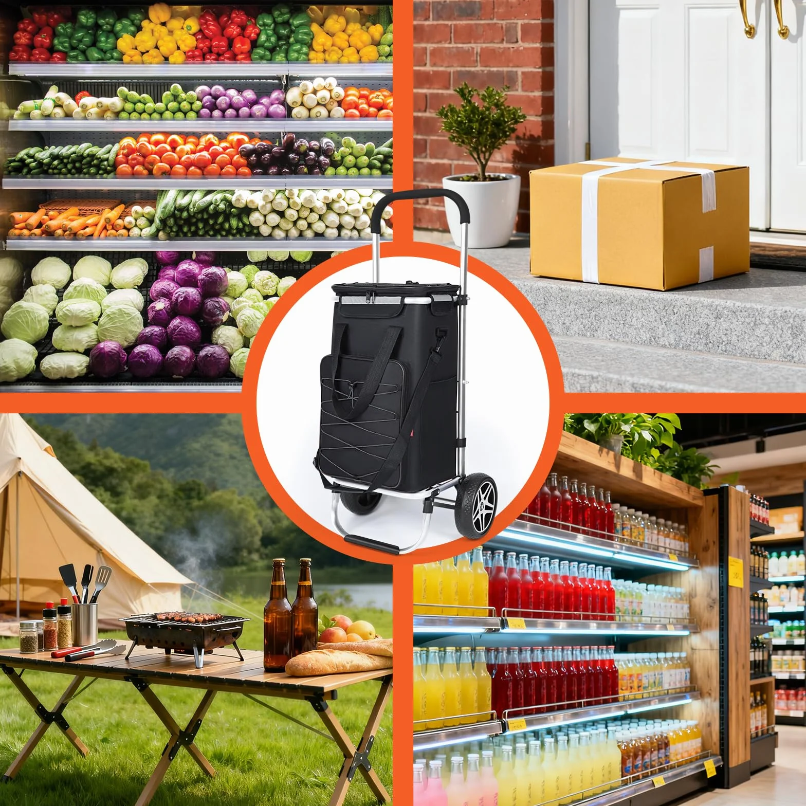 YEAUPE PRO Wózek na zakupy 3 w 1 z komorą chłodzącą, 50 l wózek na zakupy ze zdejmowaną torbą, maks. obciążenie 25 kg, w zestawie kieszenie boczne i otwieracz do butelek (czarny)