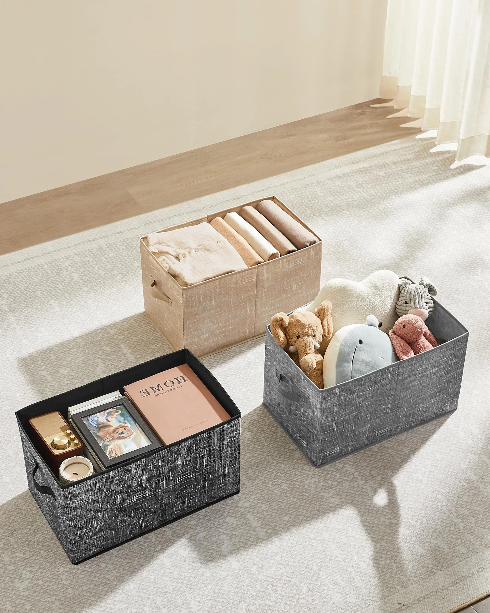 SONGMICS Zestaw 3 składanych pudełek do przechowywania z tkaniny 50x30x30 cm piaskowy beż