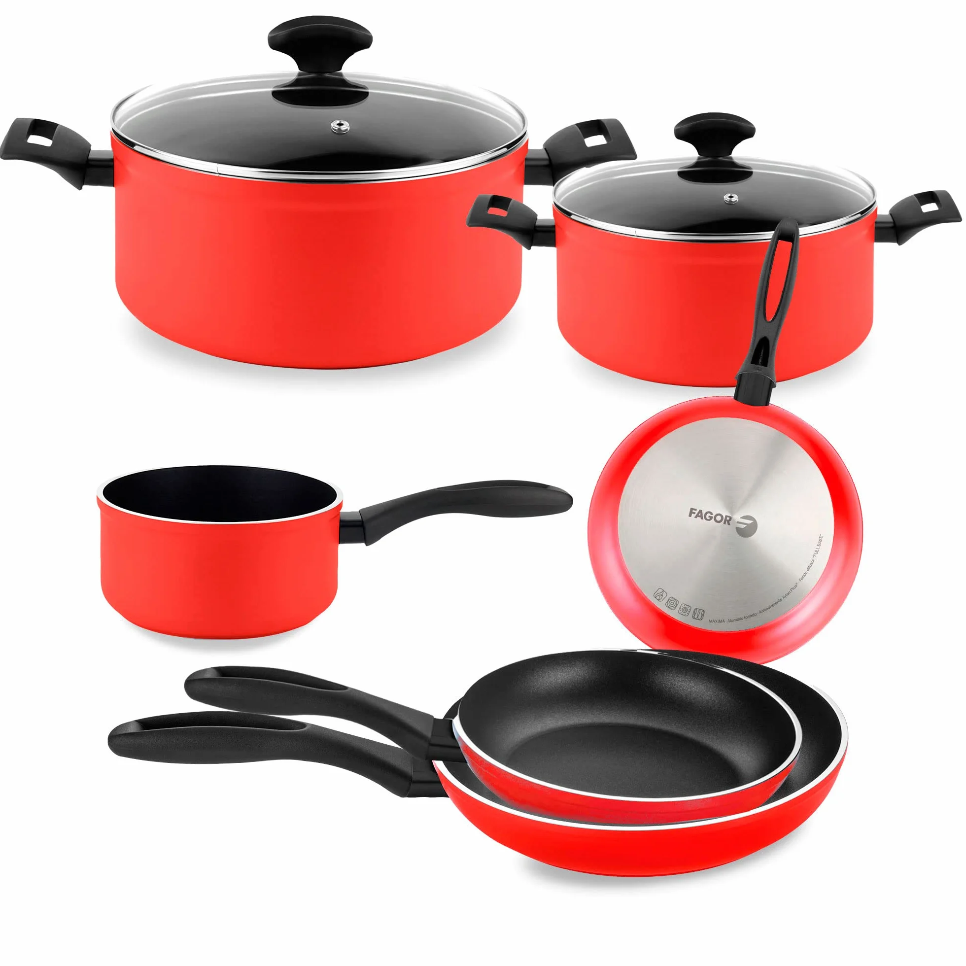 Fagor Maxima Zestaw 8 garnków indukcyjnych 20-24 cm 2 szklane pokrywki 3 patelnie 18-20-24 cm Rondel 16 cm Kute aluminium nieprzywierające bez PFOA Czerwony