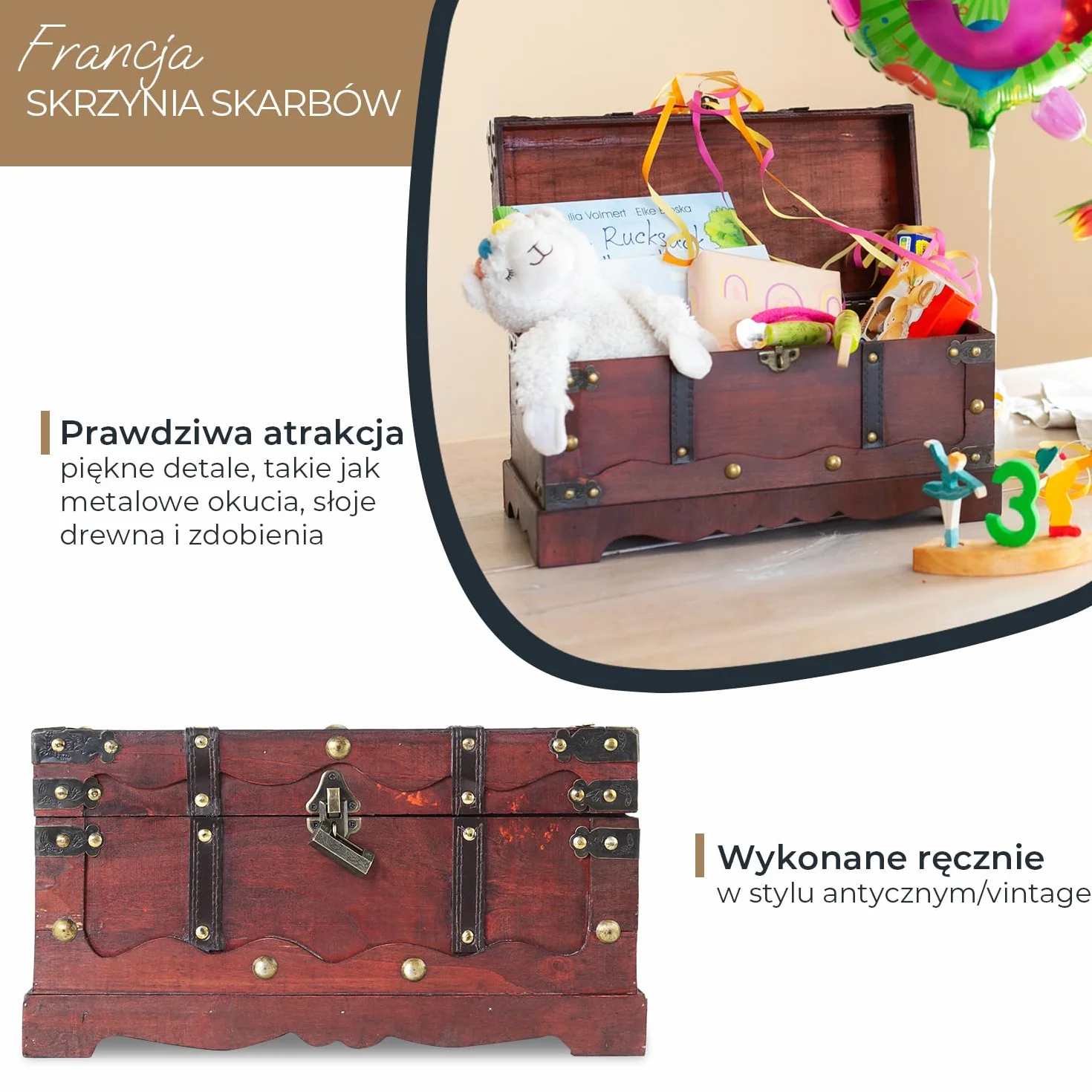 Skrzynia na skarby drewniana HMF 6400-140 z zamkiem 40x19x22 cm