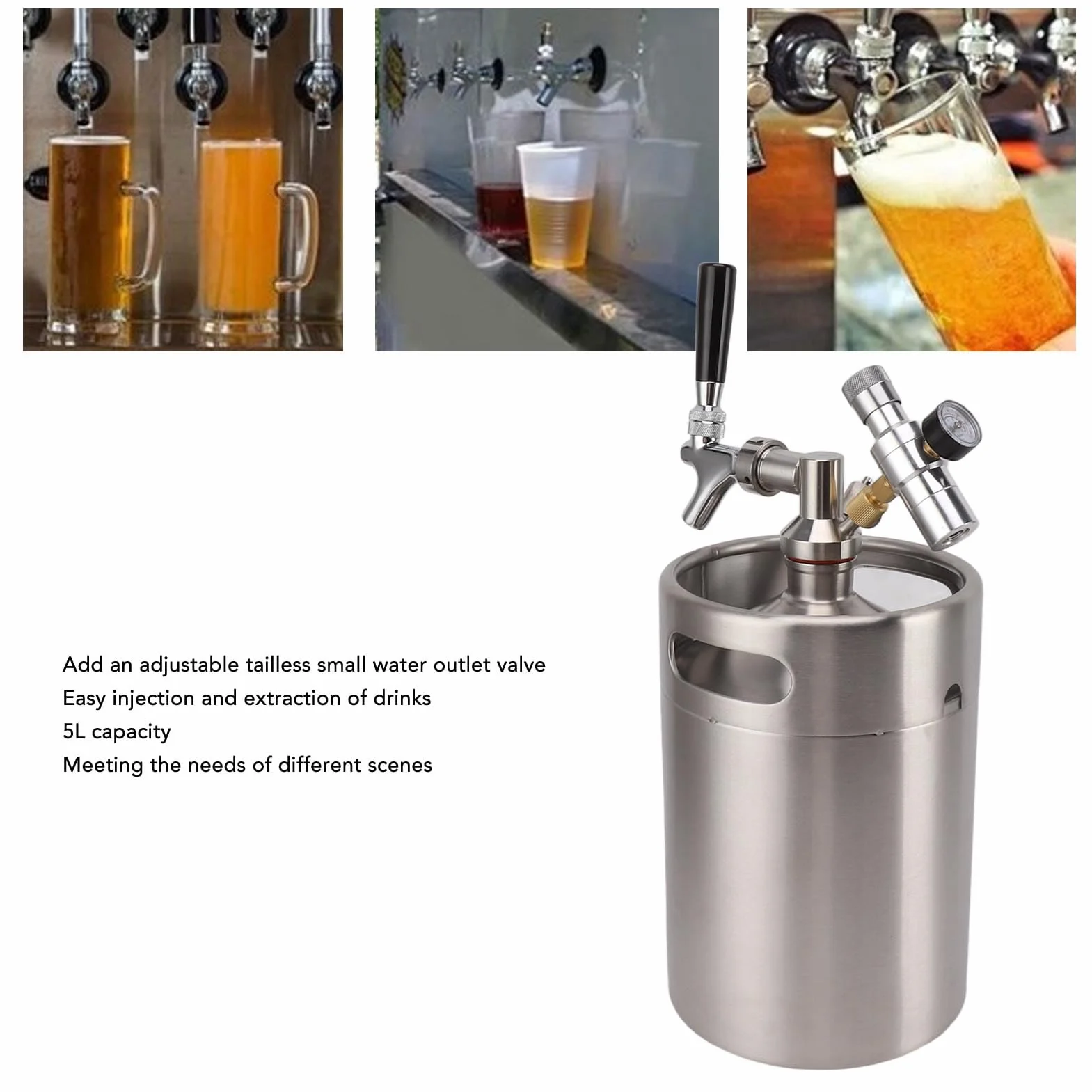 Mini beczka ze stali nierdzewnej 5L z kranem, ciśnieniowa mini beczka Growler Home Keg Kit System z regulowanym kranem Wskaźnik 150PSI do piwa domowego i piwa z beczki