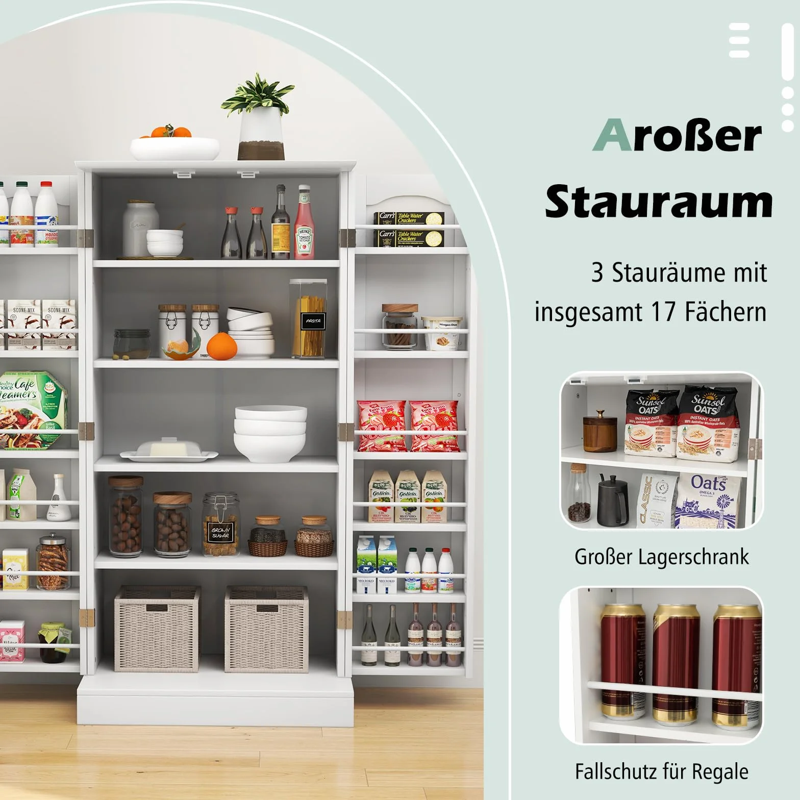 COSTWAY szafka kuchenna, szafka magazynowa, szafka do przechowywania z 2 drzwiami i 6 regulowanymi półkami, szafka wielofunkcyjna do kuchni, salonu, jadalni, 60 x 40 x 120 cm, biały