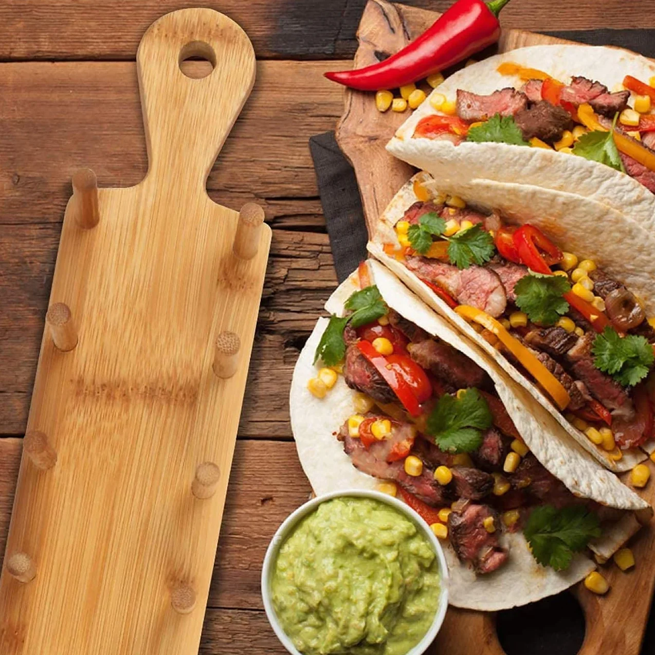 Drewniany uchwyt do tabeli, bambusowy uchwyt na tacę do 8 taco każdy, do serwowania tacek taco w stylu miękkiej skorupie (1)