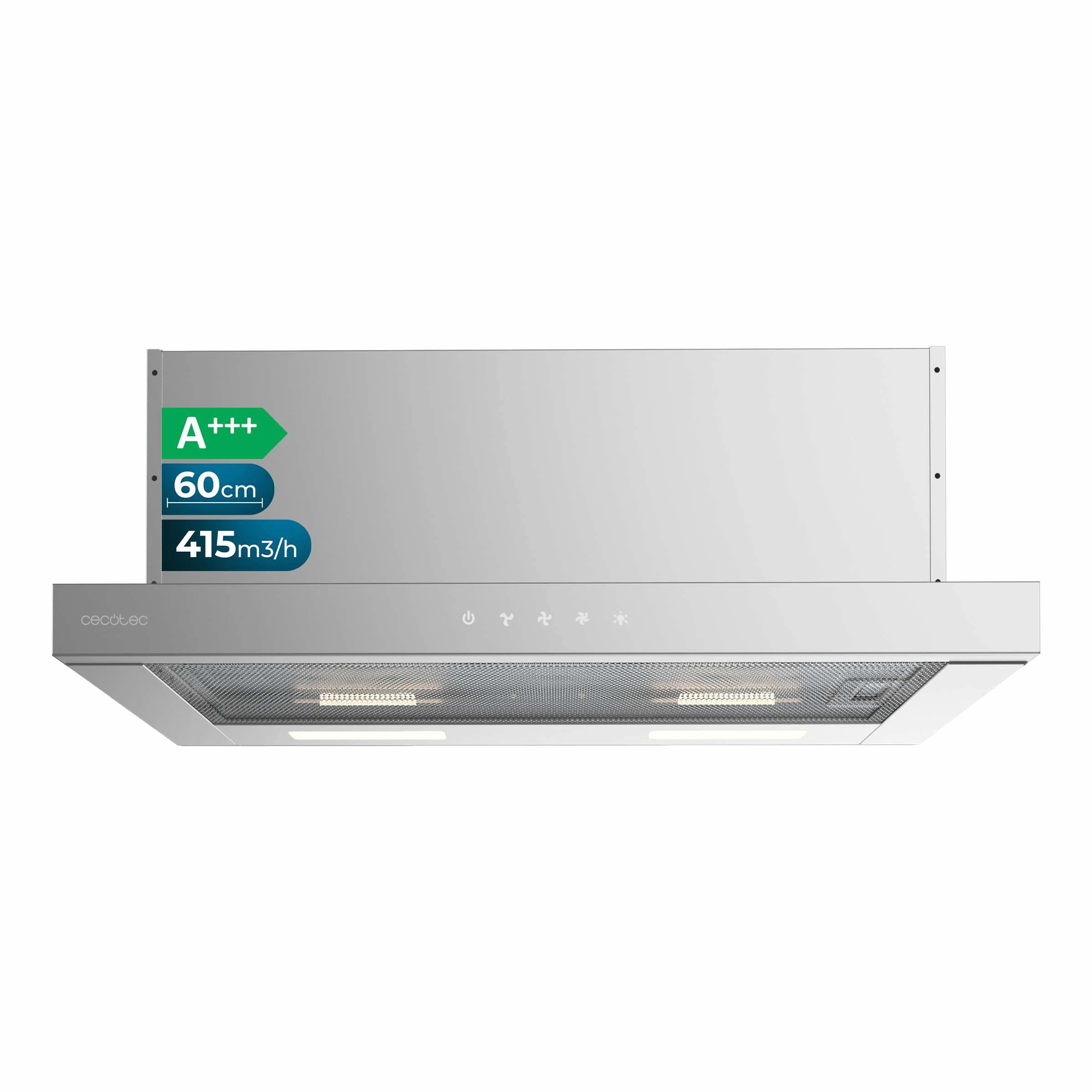 Cecotec Okap teleskopowy 60 cm Bolero Flux TLT 604000 Inox A+++. Przyssawka 415 m3/h, silnik DC, 3 stopnie prędkości, sterowanie dotykowe, wykończenie ze stali nierdzewnej, światło LED, filtry
