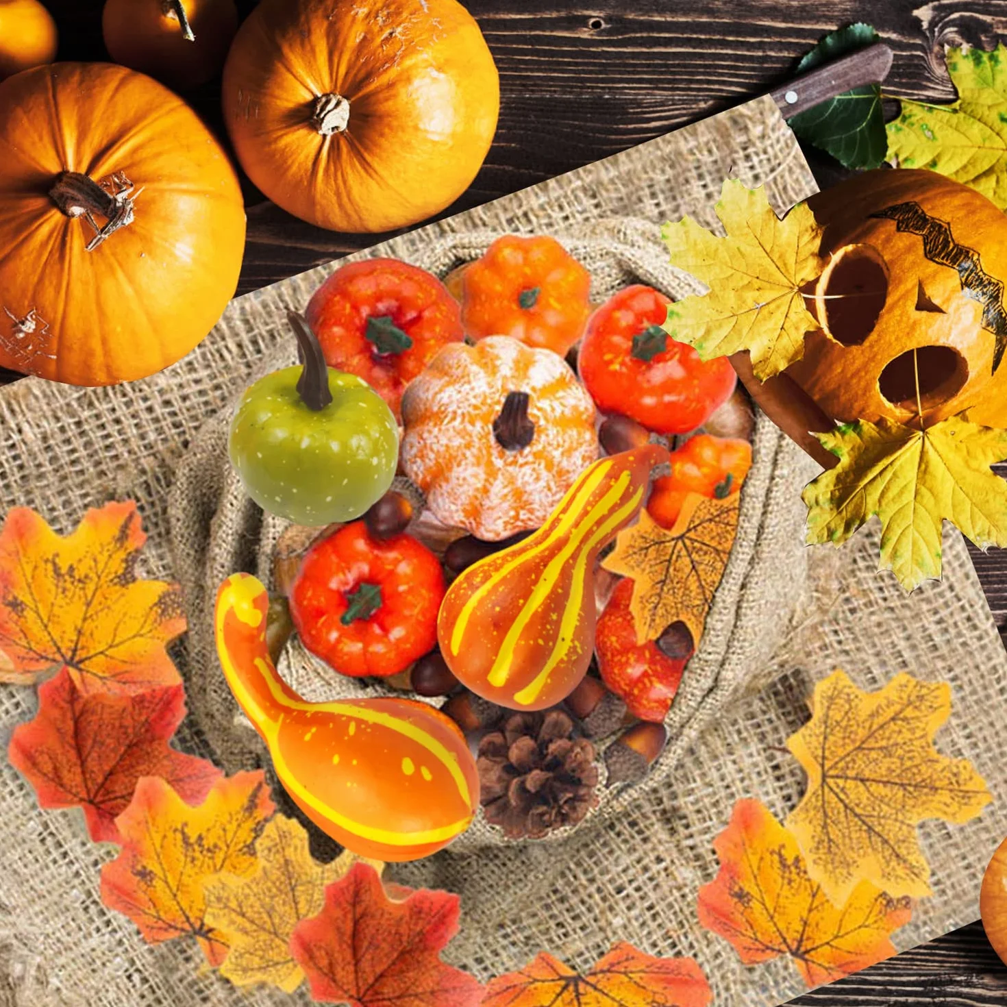 50 szt. sztucznych dyń zestaw jesiennych dekoracji, dekoracja na Halloween, mini dynie, sztuczne liście klonu, żołędzie, tykwy na jesień, Święto Dziękczynienia, przyjęcie, dekoracja domu