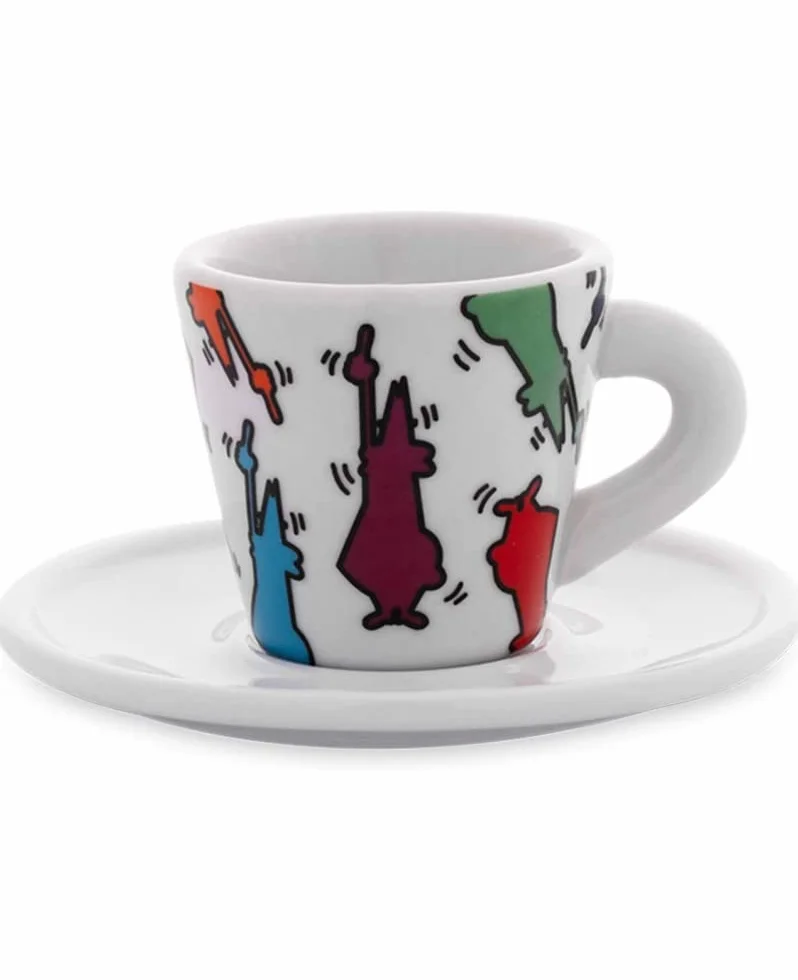 Bialetti 4-częściowy zestaw filiżanek do espresso ze spodkami z białej porcelany, stożkowaty, pojemność 60 ml, dekoracja artystyczna firmy Mirò, Kandisky, Haring, Matisse