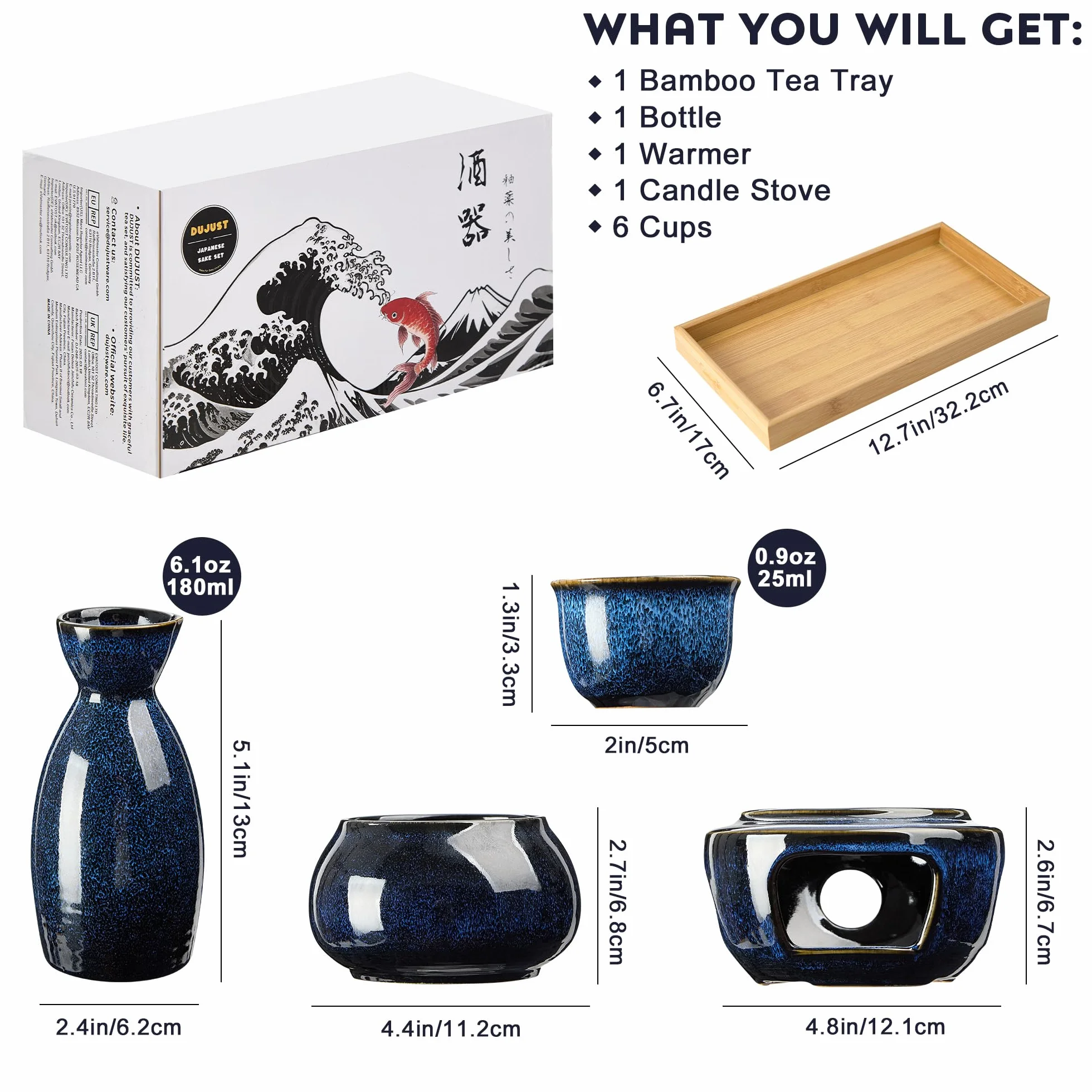 DUJUST 11-częściowy japoński zestaw do sake dla 6 osób, wypalane w piecu porcelanowe naczynia do sake, 6 filiżanek, 1 butelka, 1 podgrzewacz, 1 kuchenka na świecę, 1 taca i 1 pudełko, ciepła karafka