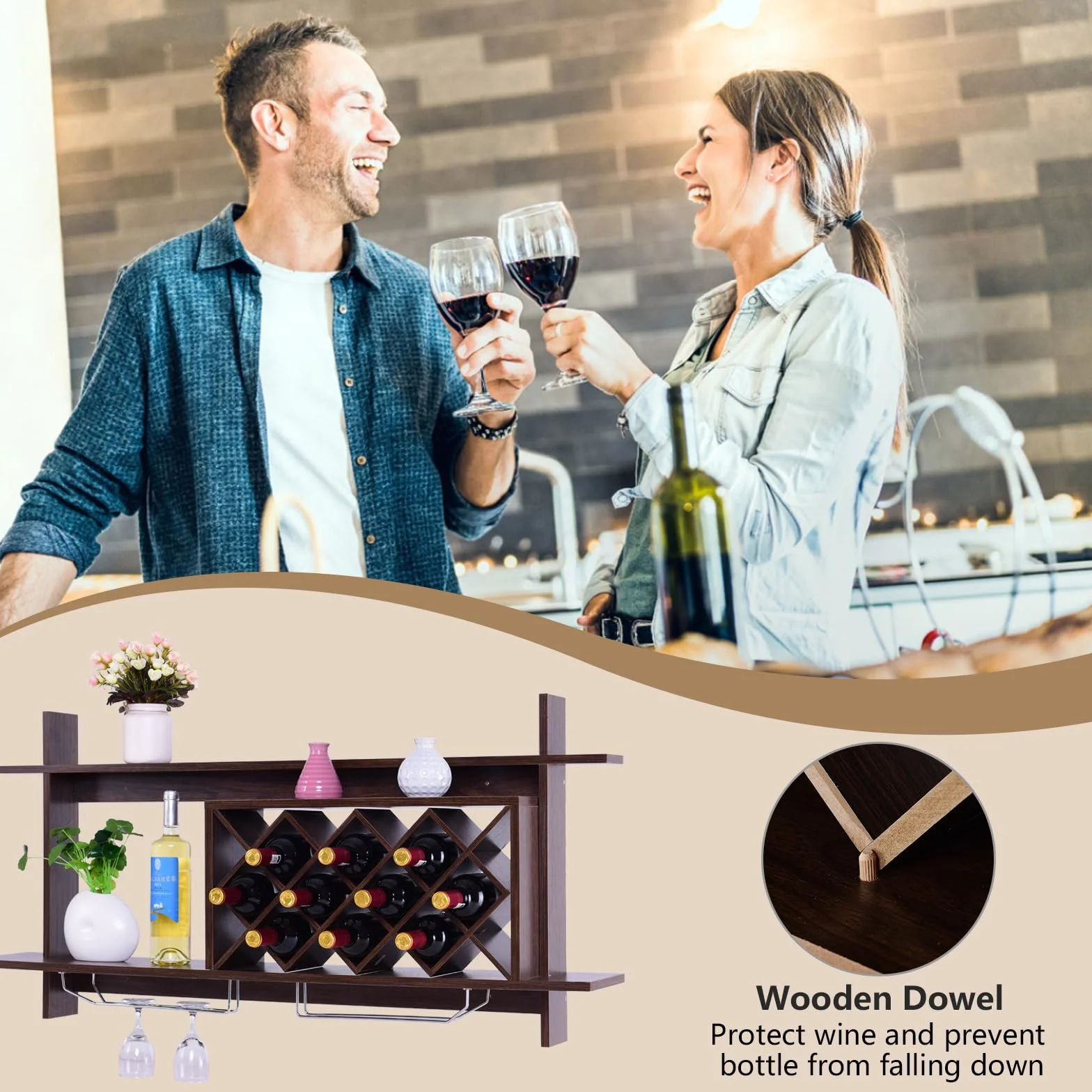 KOMFOTTEU Regał ścienny na 10 butelek, wiszący regał na wino z 2 uchwytami na kubki, uchwyt na butelki, montaż ścienny, 120 x 58 x 20 cm, drewniany regał do kuchni, piwnicy