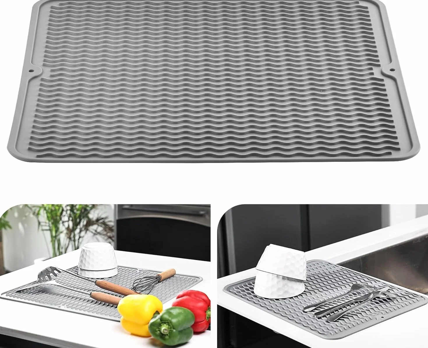 KitchenRaku Mata do suszenia naczyń 40 x 60 cm, silikonowa zastawa stołowa, odporna na wysokie temperatury, antypoślizgowa mata do suszenia, mata do naczyń, mata ociekowa, jasnoszara