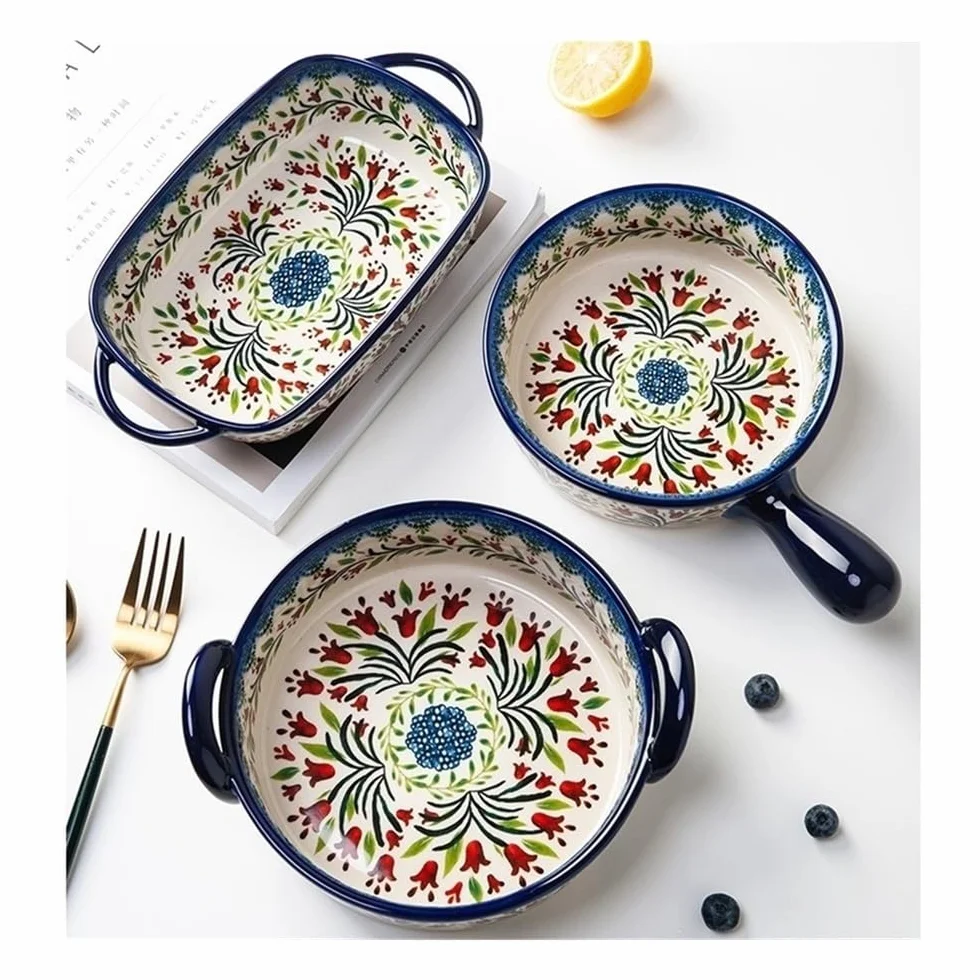 Naczynia do pieczenia Blacha do pieczenia z uchwytem, ​​ceramiczna miska do zastawy stołowej w stylu retro, naczynie na sałatkę, wielofunkcyjna, duża pojemność