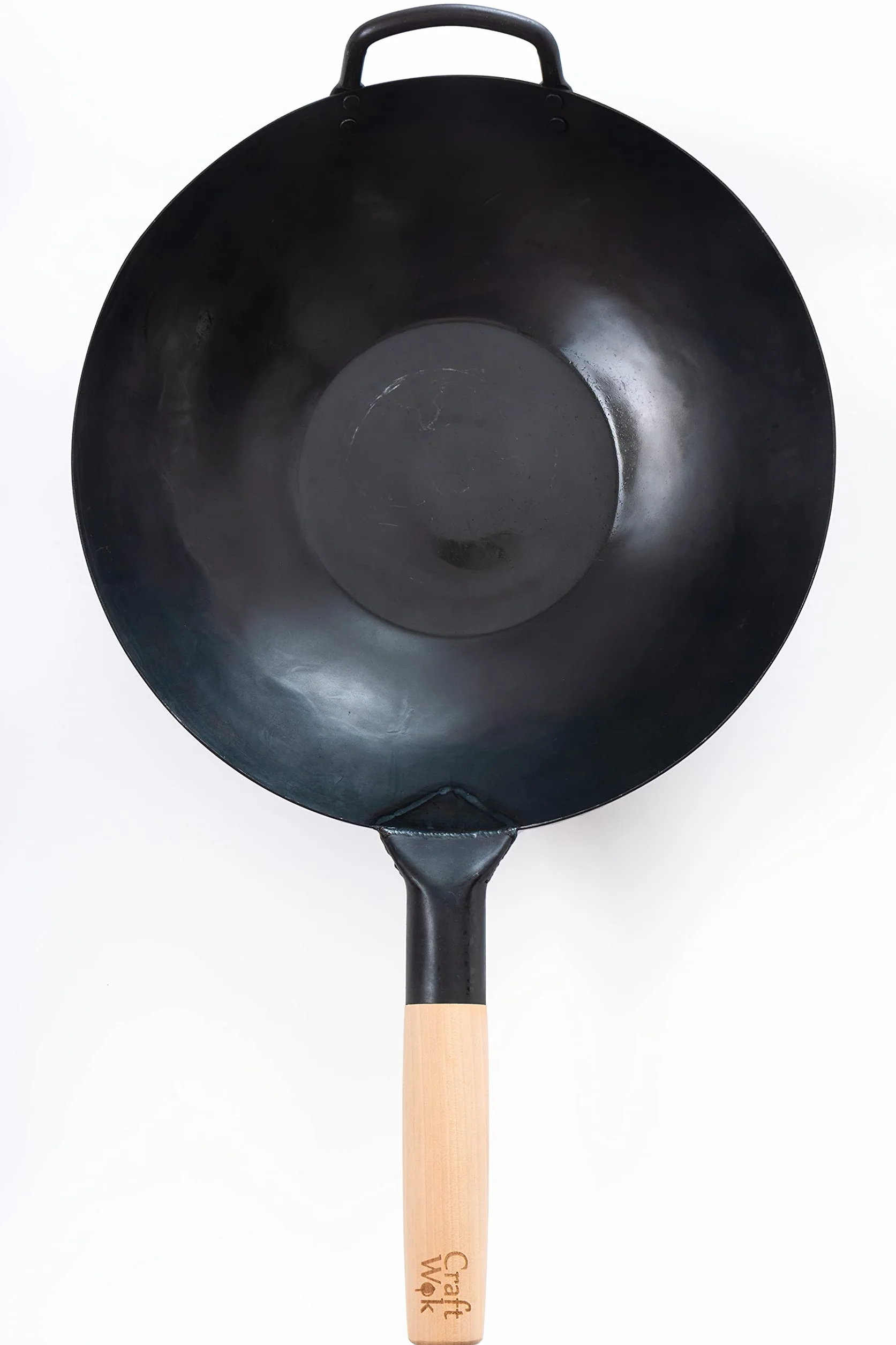 Craft Wok Black13 płaski wstępnie sezonowany wok młotkowany ze stali węglowej z drewnianym i stalowym uchwytem pomocniczym (33 cm, płaskie dno)