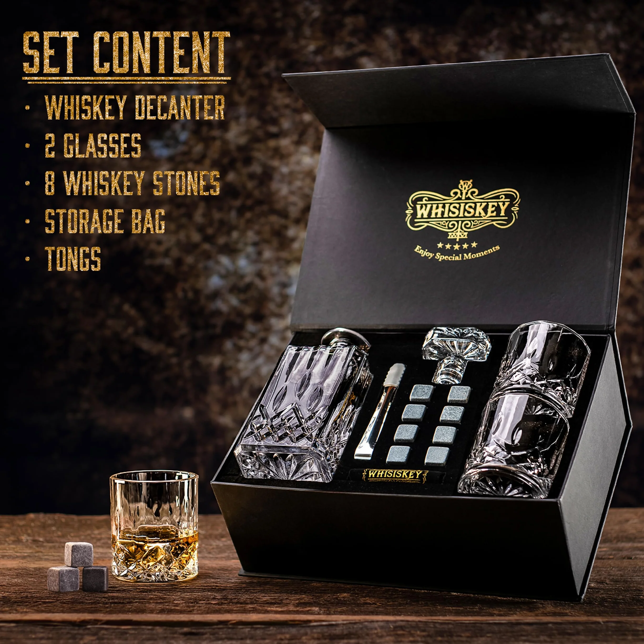 WHISISKEY Zestaw Karafka do Whisky - Zestaw Prezentowy Whiskey - Prezenty dla Mężczyzn - Pomysły na Prezent dla Mężczyzny - Klasyczna Karafka 700ML, 2 Szklanki do Whisky, 8 Kamienie do Whisky