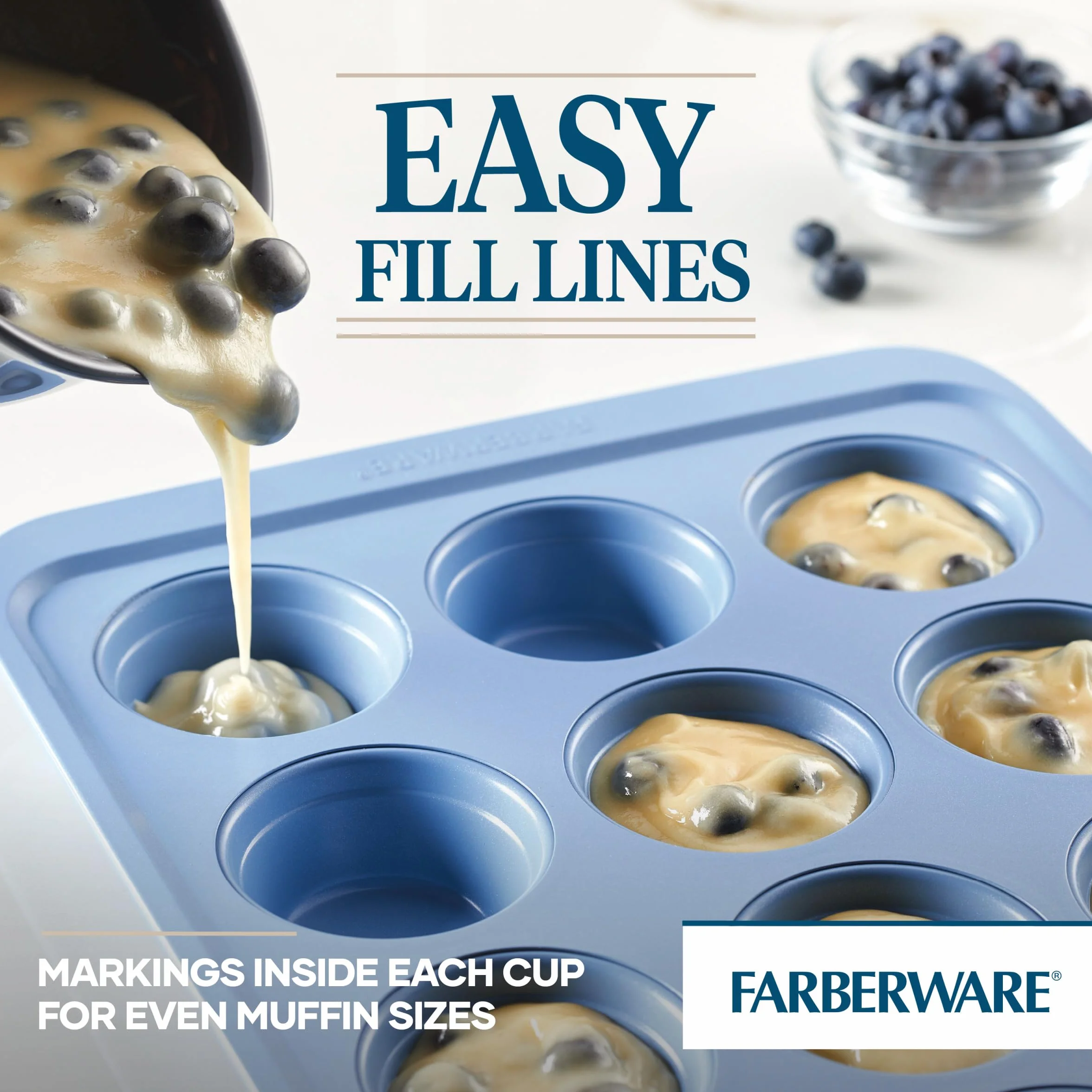 Farberware Easy Solutions nieprzywierająca forma do pieczenia muffinek/babeczek, 12 filiżanek z liniami wypełniającymi - niebieska