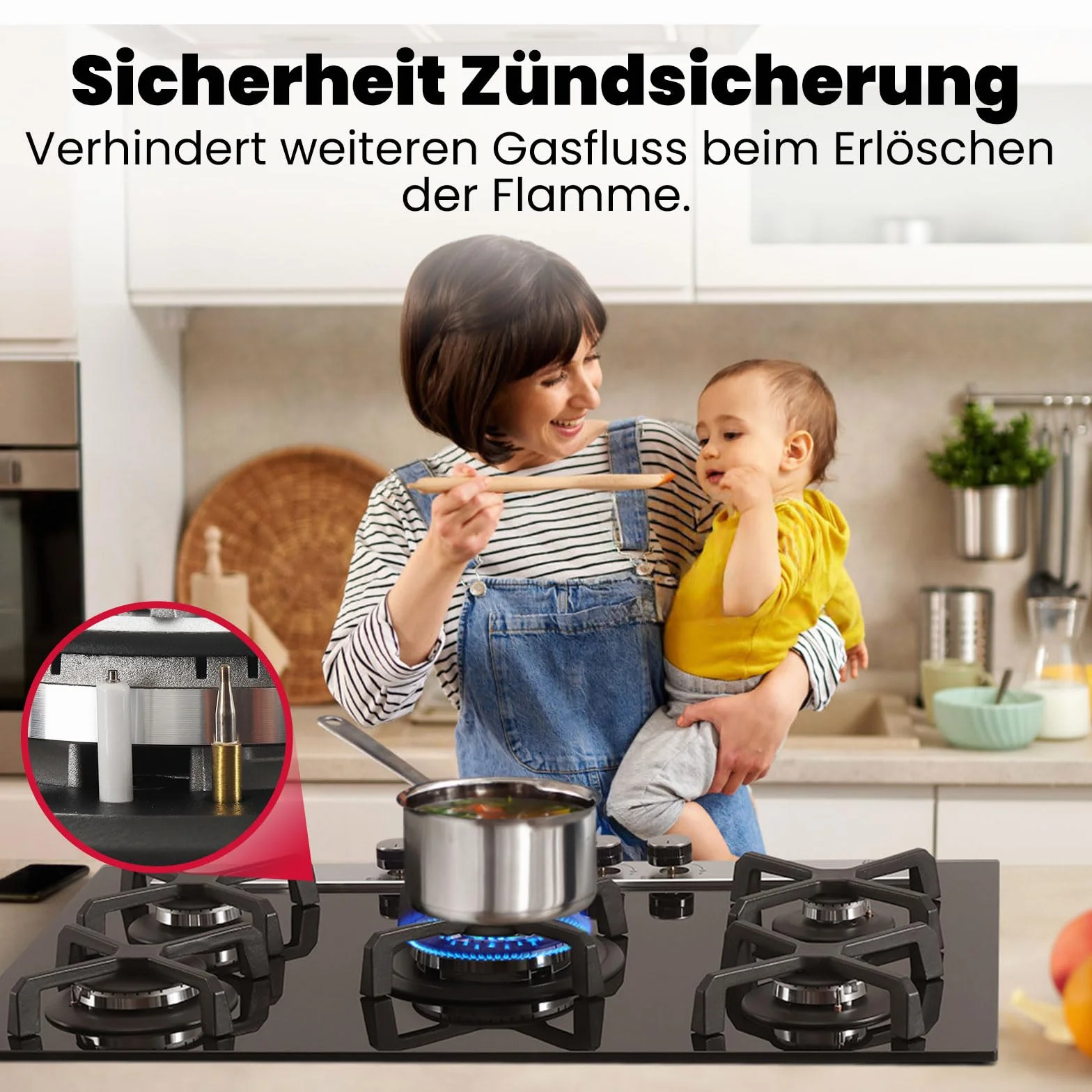 GASLAND GH6805BG1FC szklana płyta gazowa, 5-palnikowa, gazowa płyta kuchenna z palnikiem wok, płyty gazowe do zabudowy, 76 cm, czarna kuchenka szklana, butan 10400 W, LPG/gaz ziemny