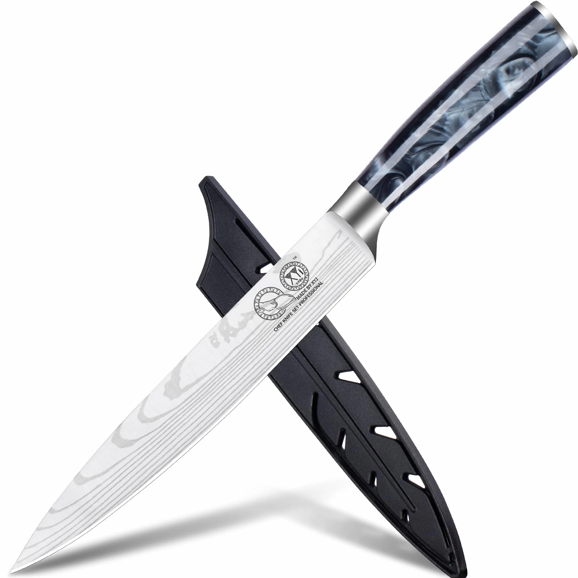 XYJ Professional Kitchen Knife,Stainless Steel 8 Inch Slicing Knife,Laser Damascus Pattern,Resin Handle,Kitchen Knife With Sleeve,Resin Handle,Japanese Chef Knife