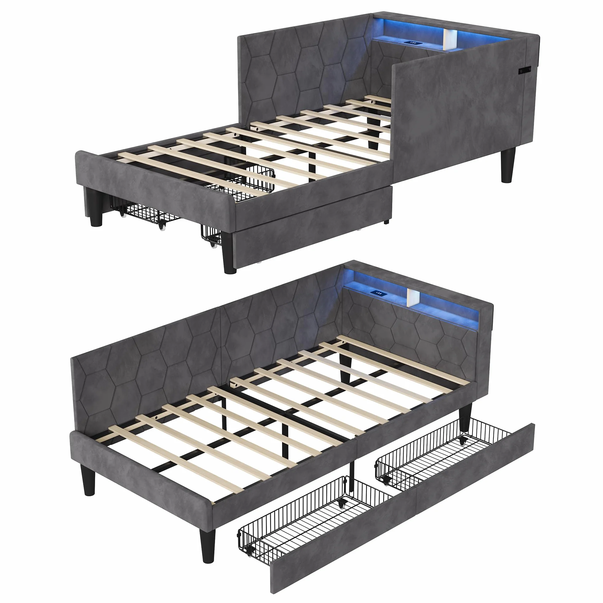 KeepGoon 90 x 200 cm łóżko tapicerowane z 2 szufladami, z aksamitu, łóżko pojedyncze/rozkładane, zagłówek LED ze schowkami, funkcja ładowania USB i stelaż, łóżko młodzieżowe dla dorosłych