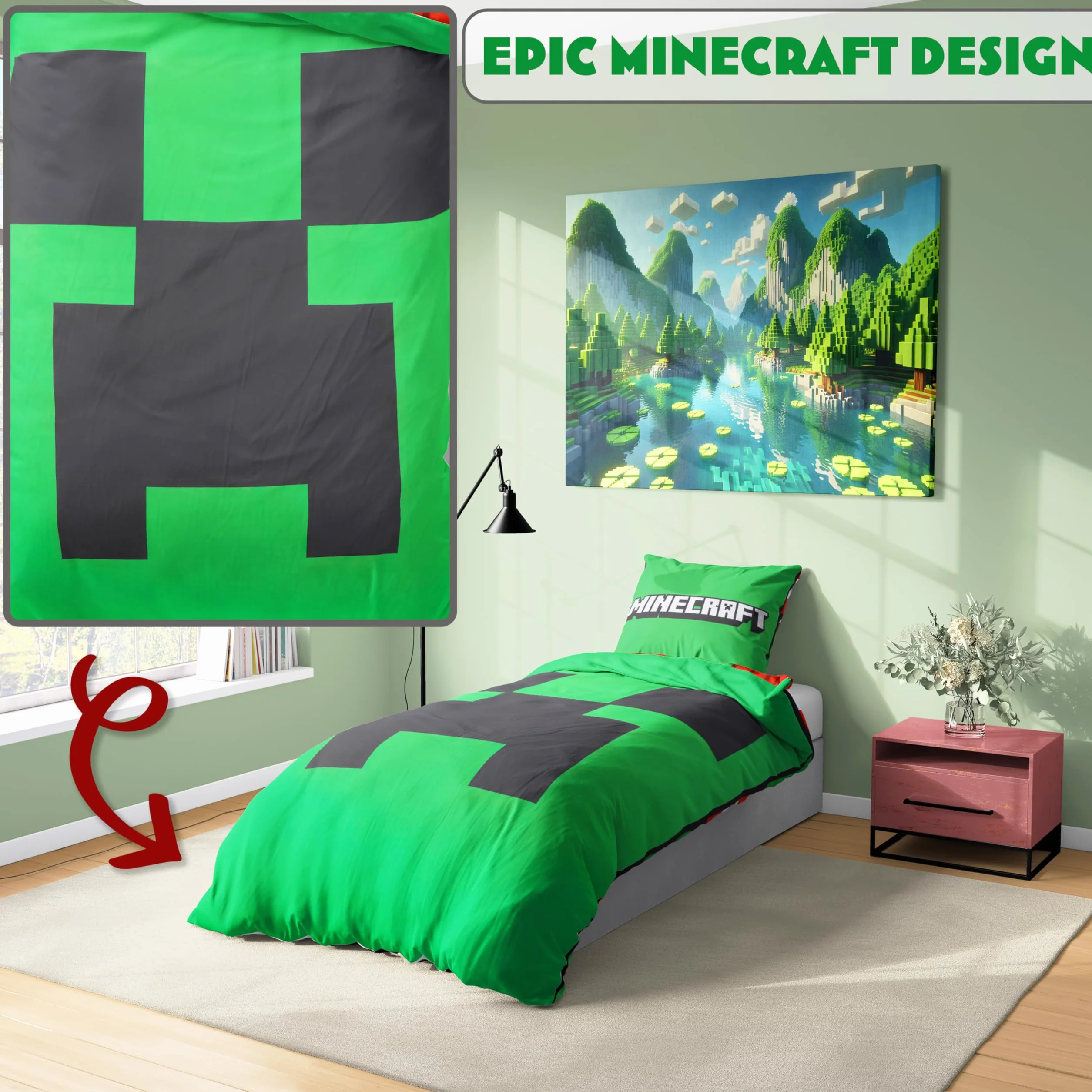 Minecraft Pojedynczy zestaw poszewek na kołdrę dla dzieci, dwustronna pościel i poszewka na poduszkę