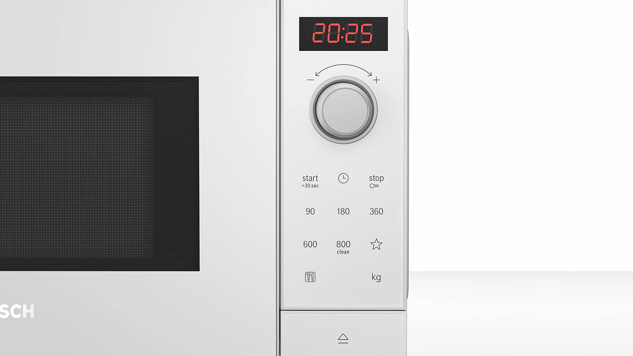 Bosch FFL023MW0 seria 2 kuchenka mikrofalowa, 26 x 44 cm, 800 W, talerz obrotowy 27 cm, ogranicznik drzwi z lewej strony, AutoPilot 7 7 programy automatyczne, obsługa czyszczenia, wyświetlacz dotykowy
