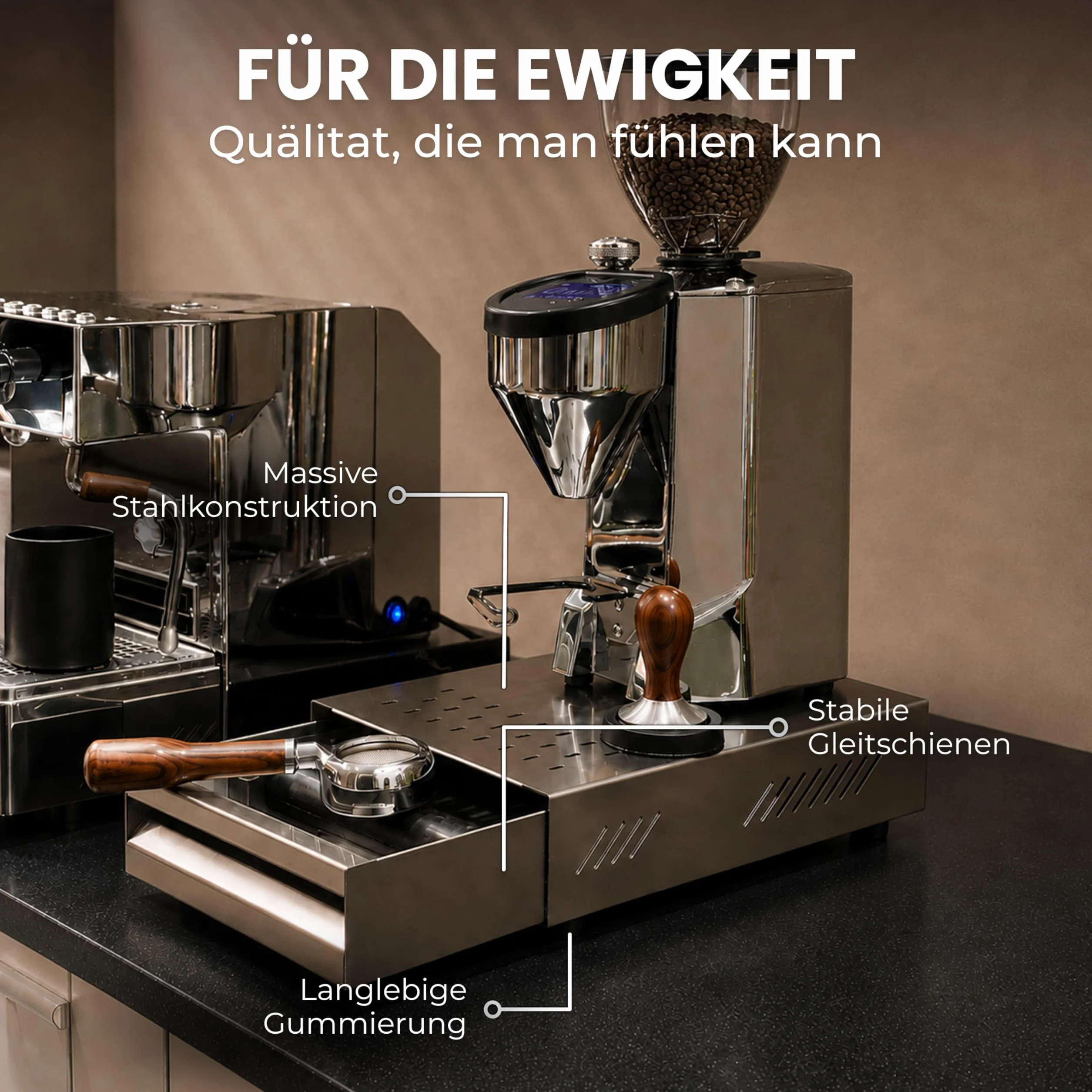 scarlet espresso | Szuflada południowa "Professional" na fusy do kawy, pojemnik ociekający na uchwyt filtra, gumowy patyczek, stal nierdzewna/malowana proszkowo, 250 x 350 x 80 mm (czarny)