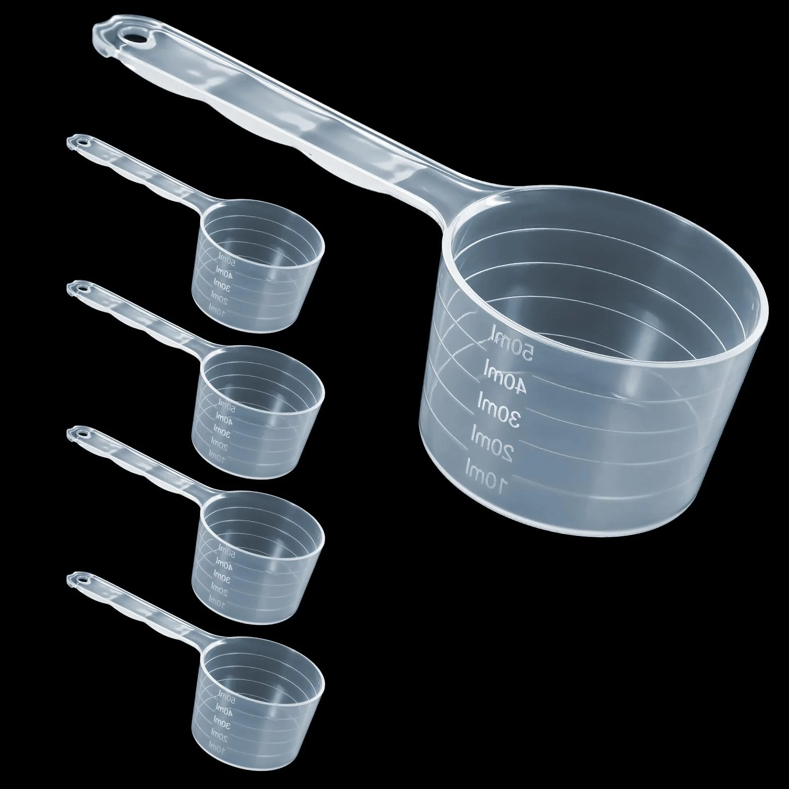 TIESOME 5 sztuk przezroczystych łyżek miarowanych z skalą, łyżki dozujące z gramaturami 50ml 40ml 30ml 20ml 10ml do wypieków, gotowania, kawy, proszku do prania, proszku proteinowego, kreatyny