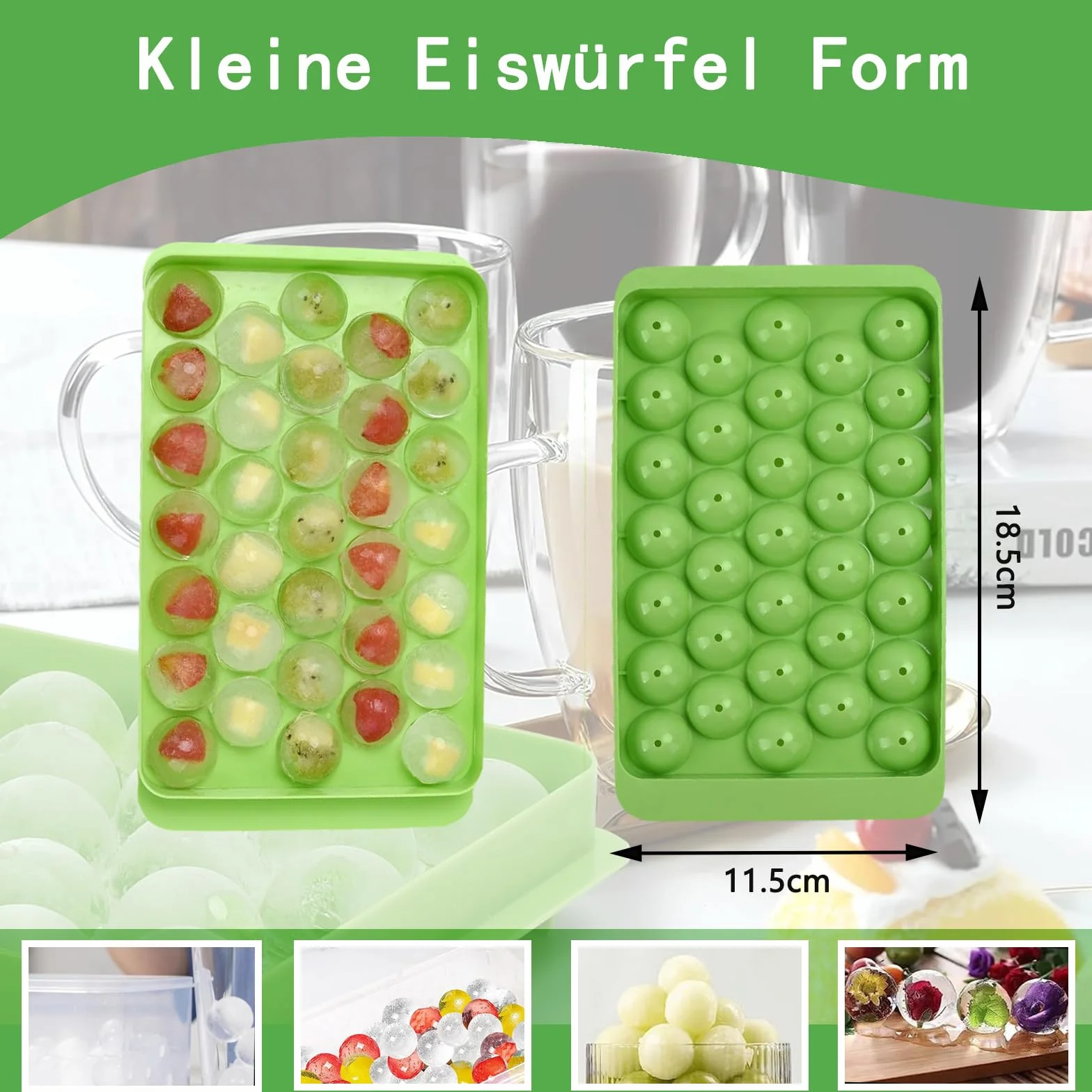 Mini foremki do kostek lodu, 66 sztuk, okrągłe kulki, pojemnik na kostki lodu, pojemnik na kostki lodu, bez BPA, z pokrywką, okrągła forma do lodów, koktajli, whisky, kawy i herbaty (zielona)