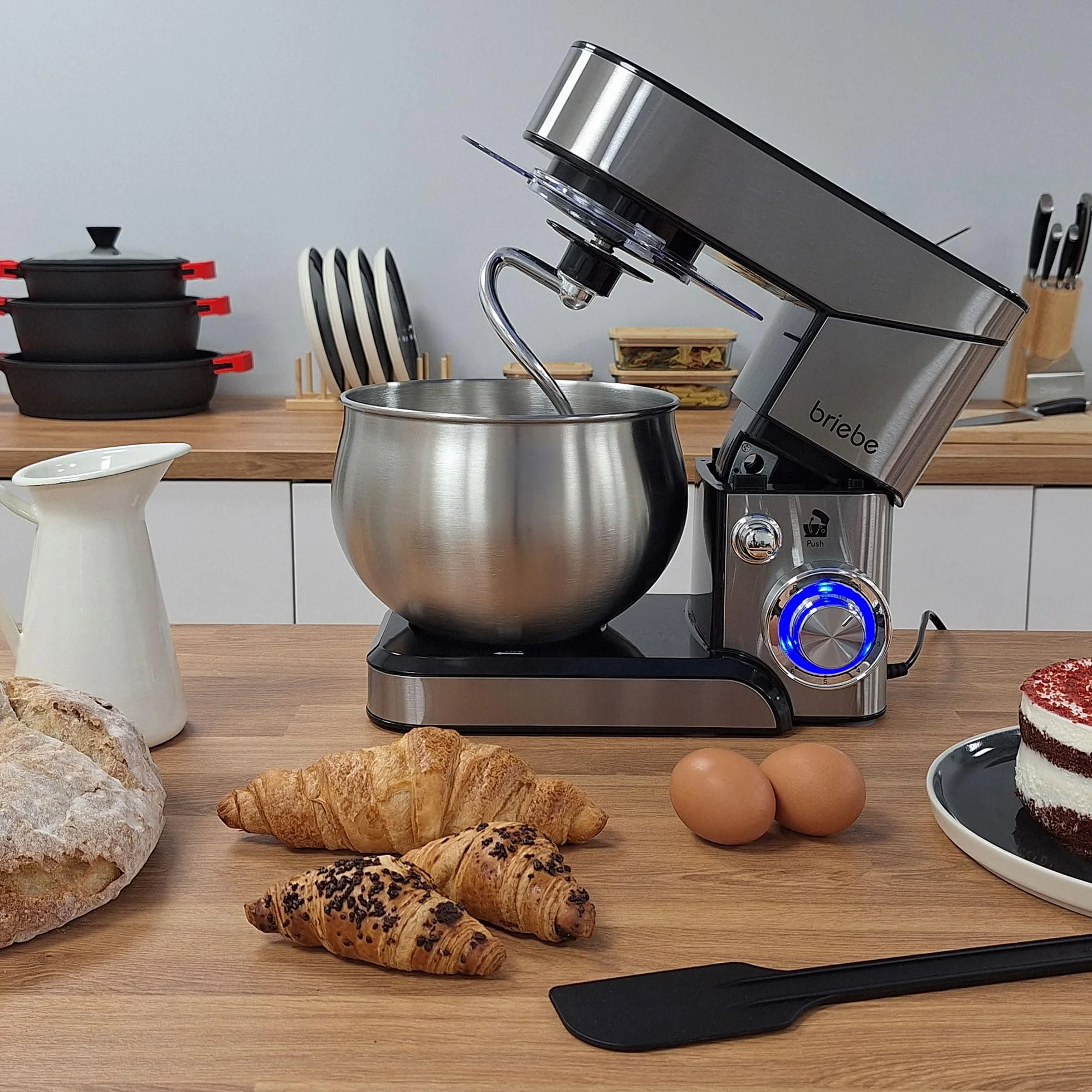 briebe Mikser do ciasta 1800 W MAX, profesjonalny robot kuchenny, ruch orbitalny, pręty, hak do ciasta, łopatka do mieszania, 5 l, 6 prędkości + funkcja pulsu, Inox KM1114