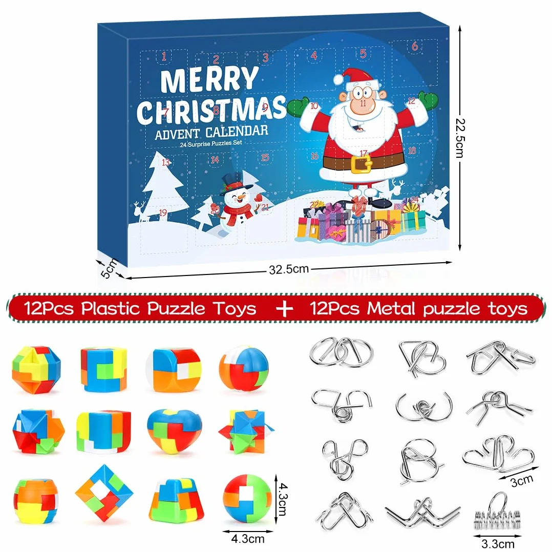 Kalendarz adwentowy 2025, gry w puzzle, kalendarz adwentowy dla dzieci, kalendarz bożonarodzeniowy z 24 sztukami plastikowych, metalowych puzzli, metalowe nici, puzzle plastikowe, gry zręcznościowe