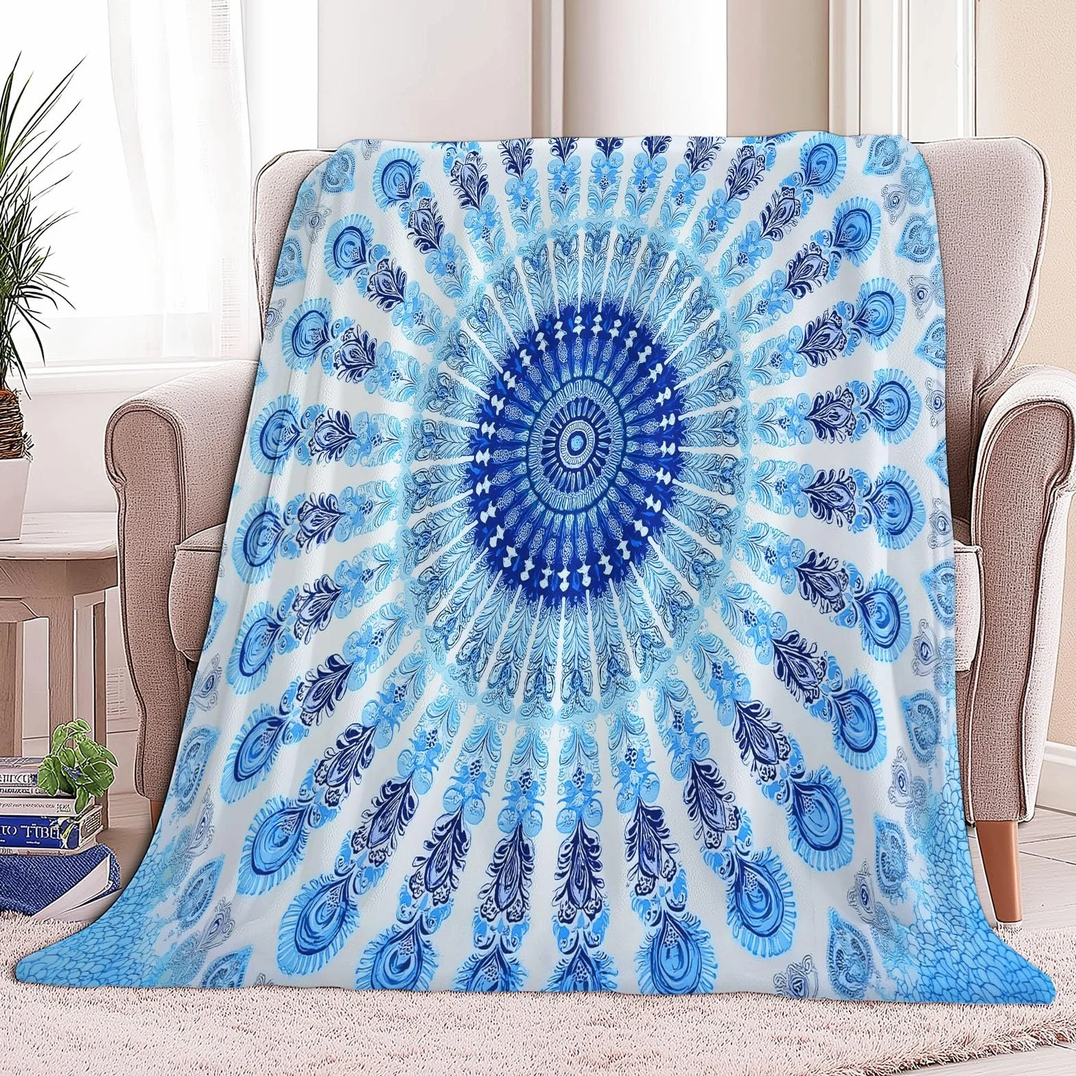 Miękki koc sherpa, 180 x 200 cm, dla dzieci i dorosłych, w stylu retro, mandala, kwiaty, flanela, pościel, hipoalergiczny, ciepły koc na łóżko, nadaje się do prania, na sofę, krzesło, łóżko, salon