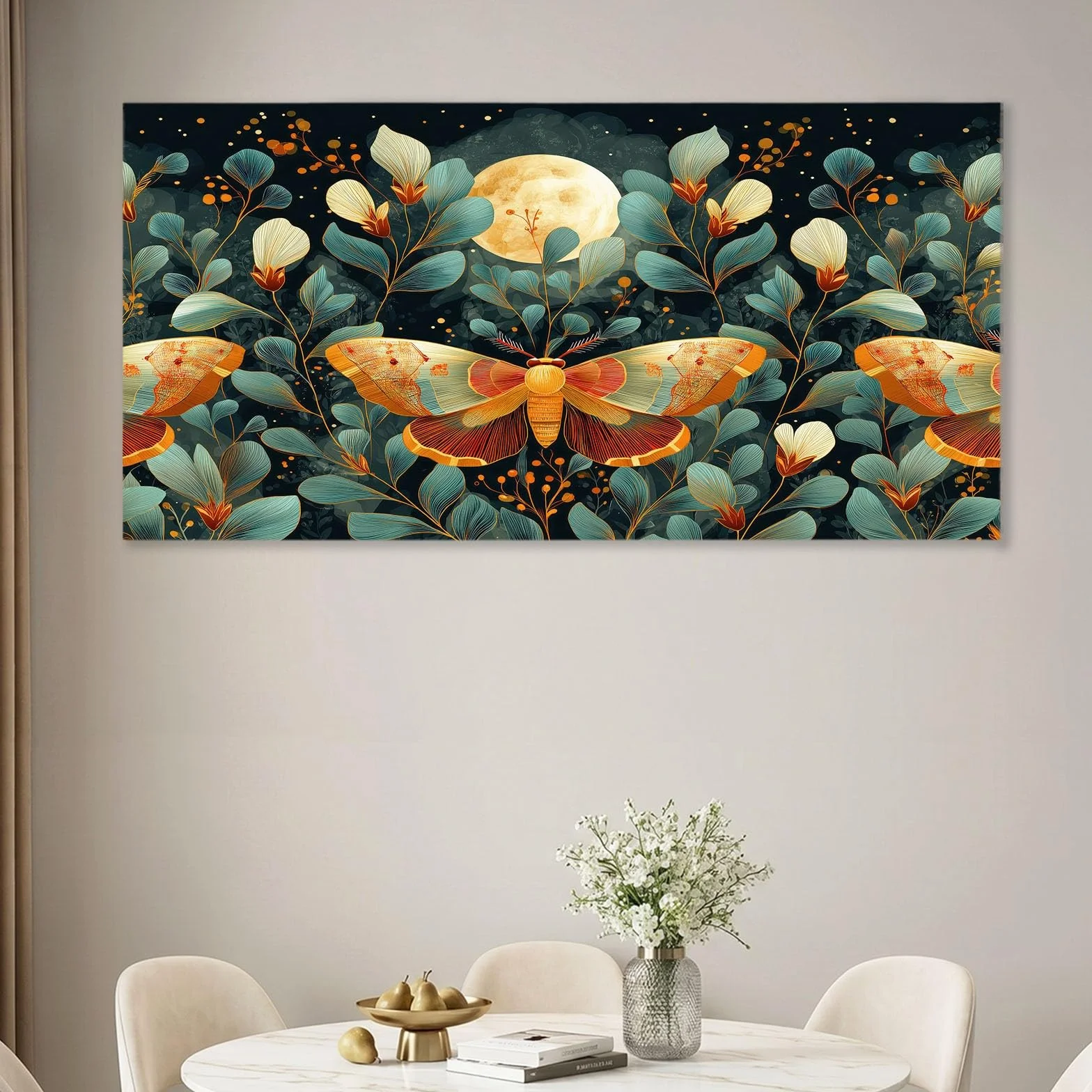 Obraz ścienny fantazyjny obraz roślinny obraz na płótnie - płótno ścienne 120 x 80 cm, wydruk na płótnie z motylem, liśćmi księżyca, oprawiona sztuka ścienna do salonu i sypialni, dekoracja ścienna