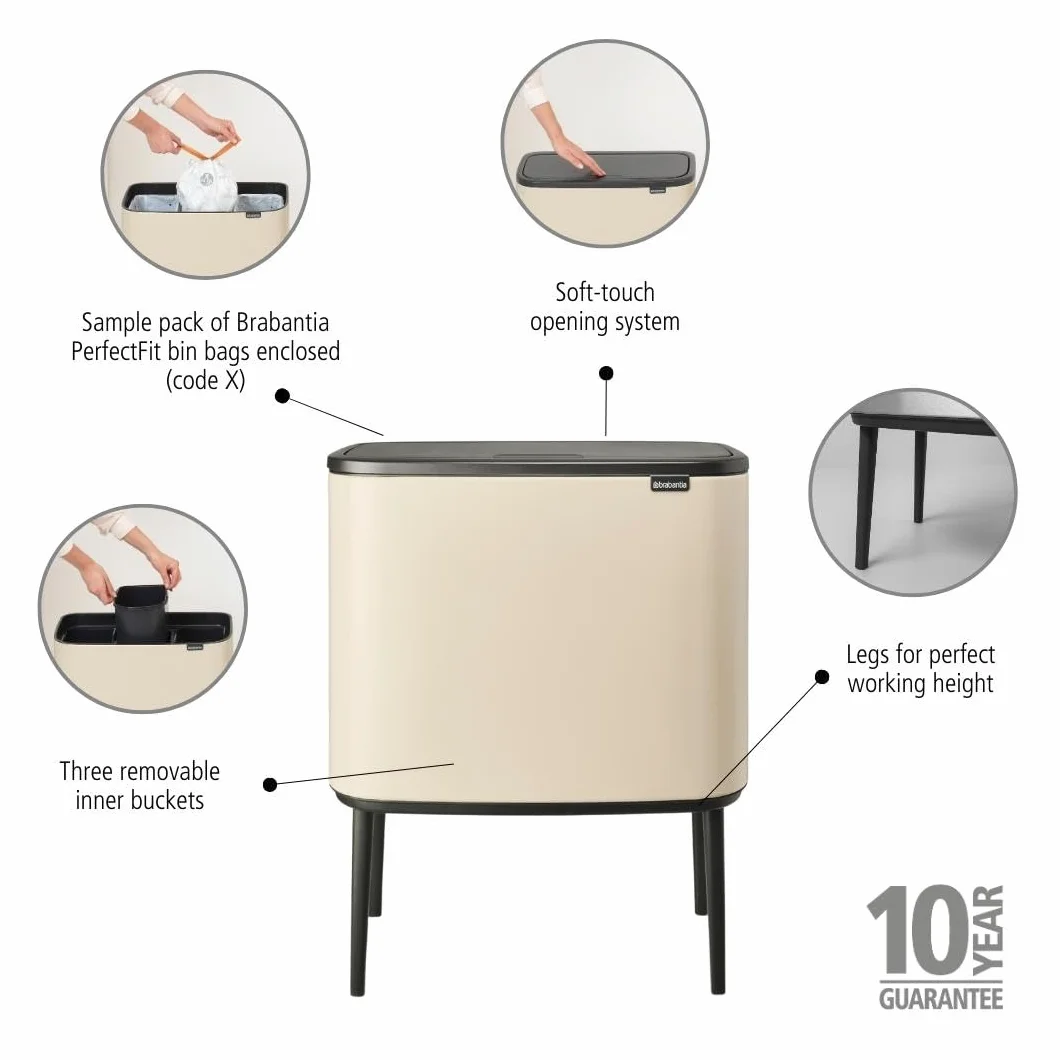 Brabantia - Bo Touch Bin 3x11L - Duży Kosz na Śmieci do Kuchni - Otwieranie Soft-Touch - 3 Komory z Wyjmowanymi Wewnętrznymi Wiadrami - Dołączone Worki na Śmieci - Soft Beige - 54 x 31 x 68 cm