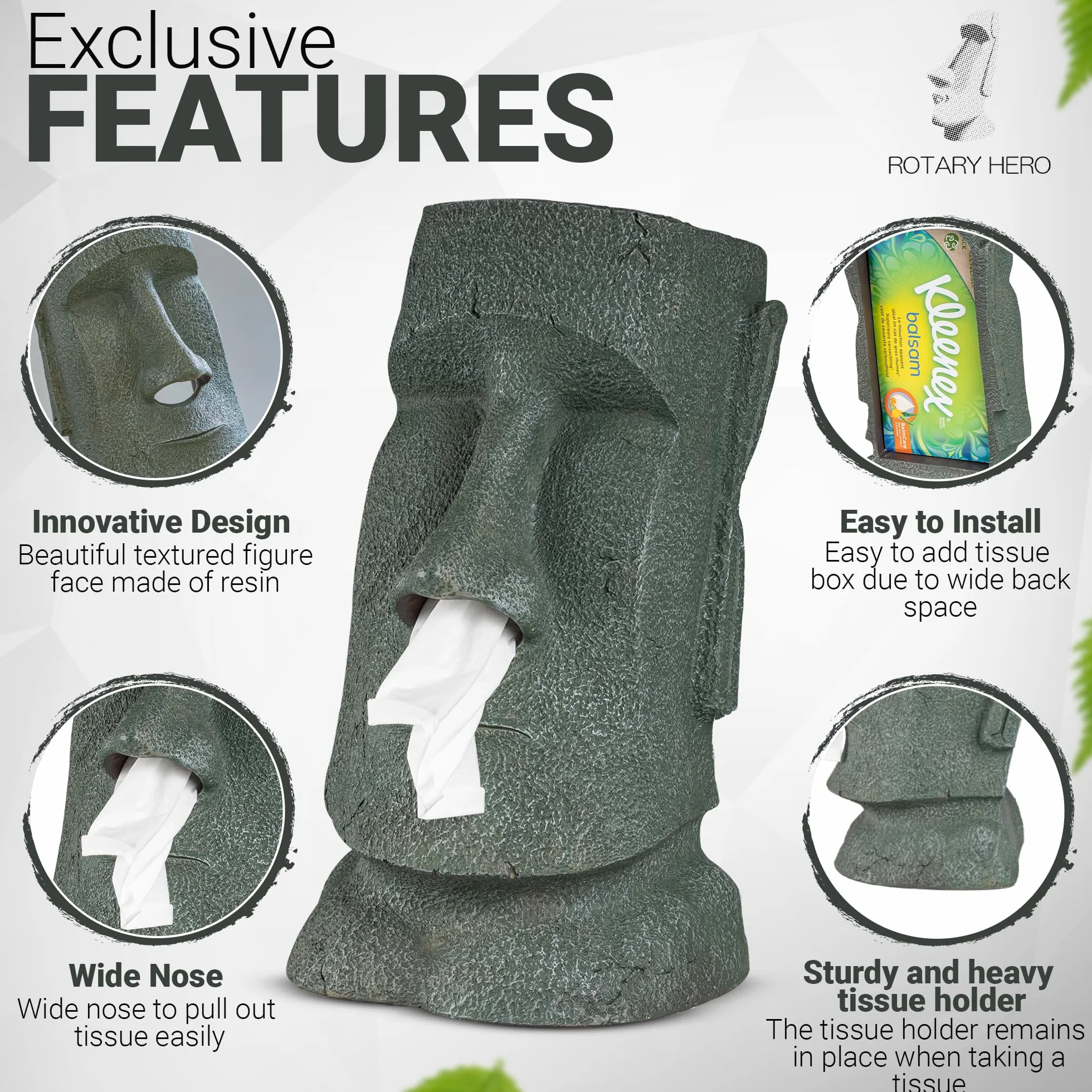 Rotary Hero Moai Pudełko Na Chusteczki Higieniczne Dozownik Chusteczek Higienicznych Tworzywo Sztuczne 31,5 x 18 x 19 cm Szare