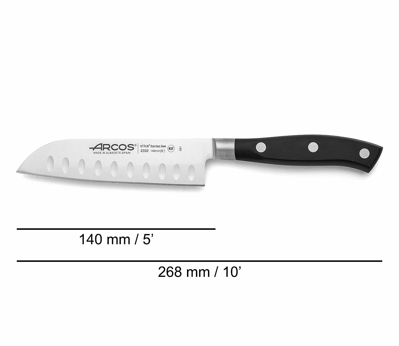 Arcos Zestaw noży kutych, 3-częściowy zestaw noży azotowych ze stali nierdzewnej i ostrze mm, 729 gr, mały i lekki, ergonomiczny uchwyt z polioksymetylenu POM, seria Riviera, cienkie ostrze z gładką