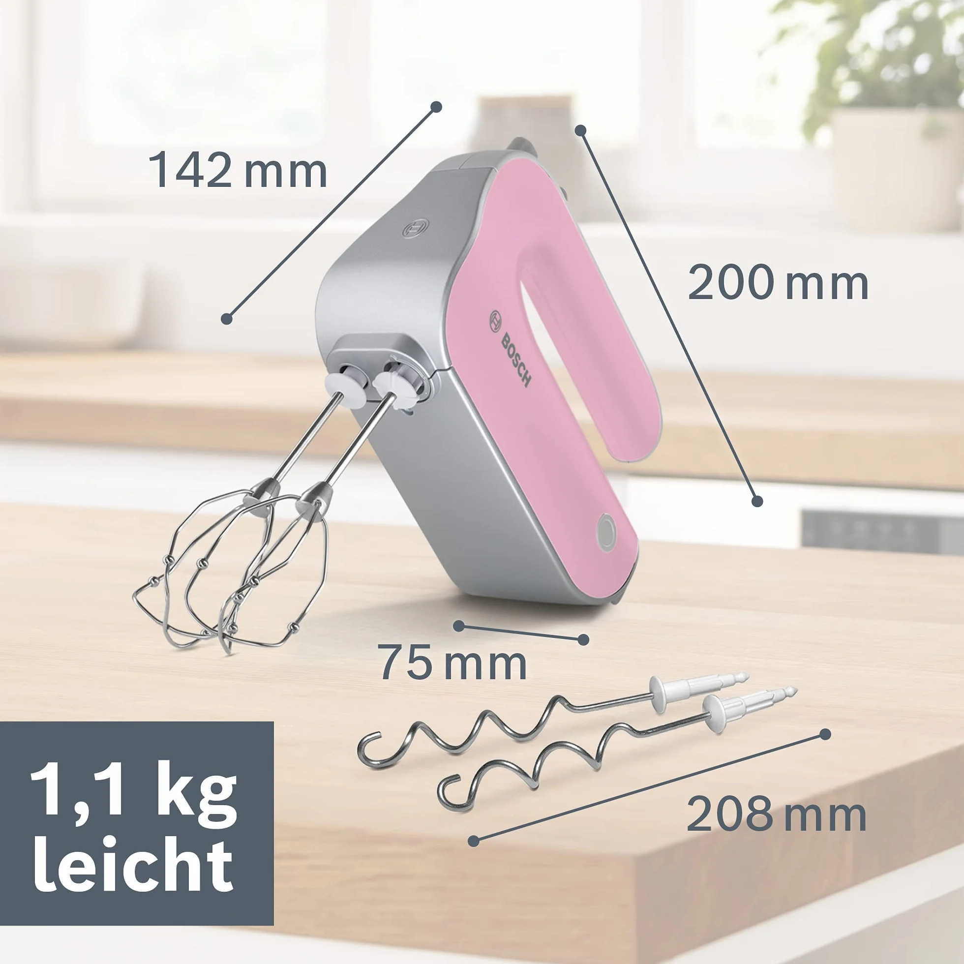 Bosch,Mikser Ręczny Styline Colour, 500 W, 5 prędkości + Turbo, FineCreamer, Haki do ciasta, Ergonomiczny uchwyt, MFQ4030K, różowy/srebrny