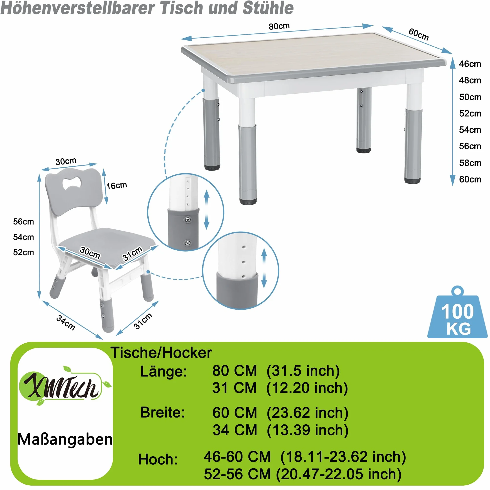 XMTECH Stół dziecięcy z 2 krzesłami 80x60 cm regulacja wysokości HDPE ABS