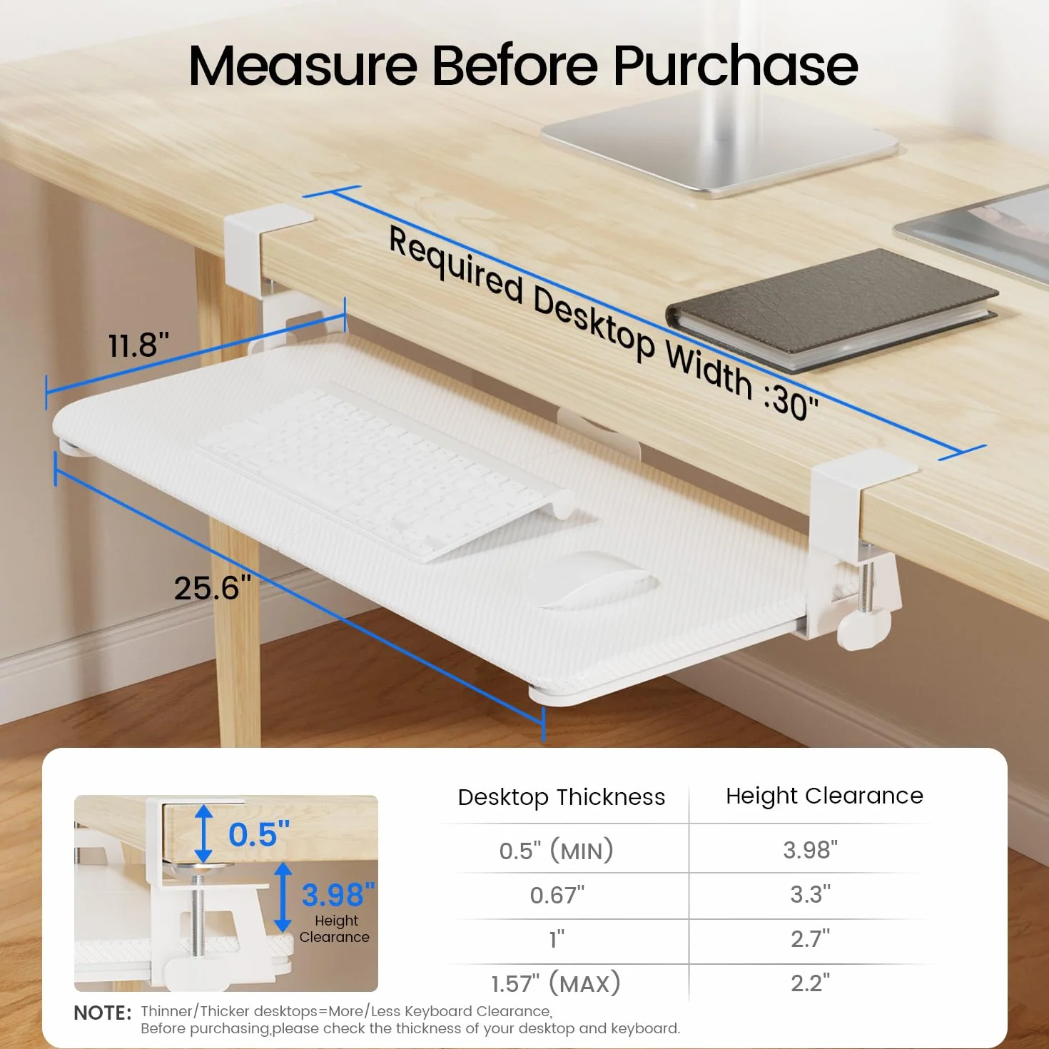 NearHub Duża taca na klawiaturę pod biurko wysuwana z bardzo stabilnym systemem mocowania zaciskowego C, 61 cm (76 cm z zaciskami) x 28 cm wysuwana szuflada na klawiaturę pod biurko do pisania, taca