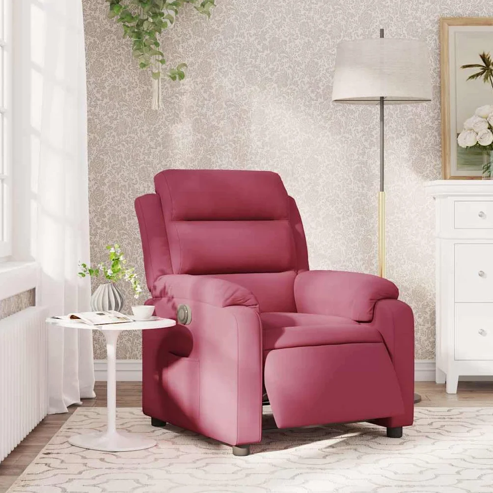 Fotel relaksacyjny elektryczny z funkcją leżenia, czerwone wino, aksamit, wyściełany, ergonomiczny, regulowany, z podłokietnikami i oparciem, do salonu, czytania