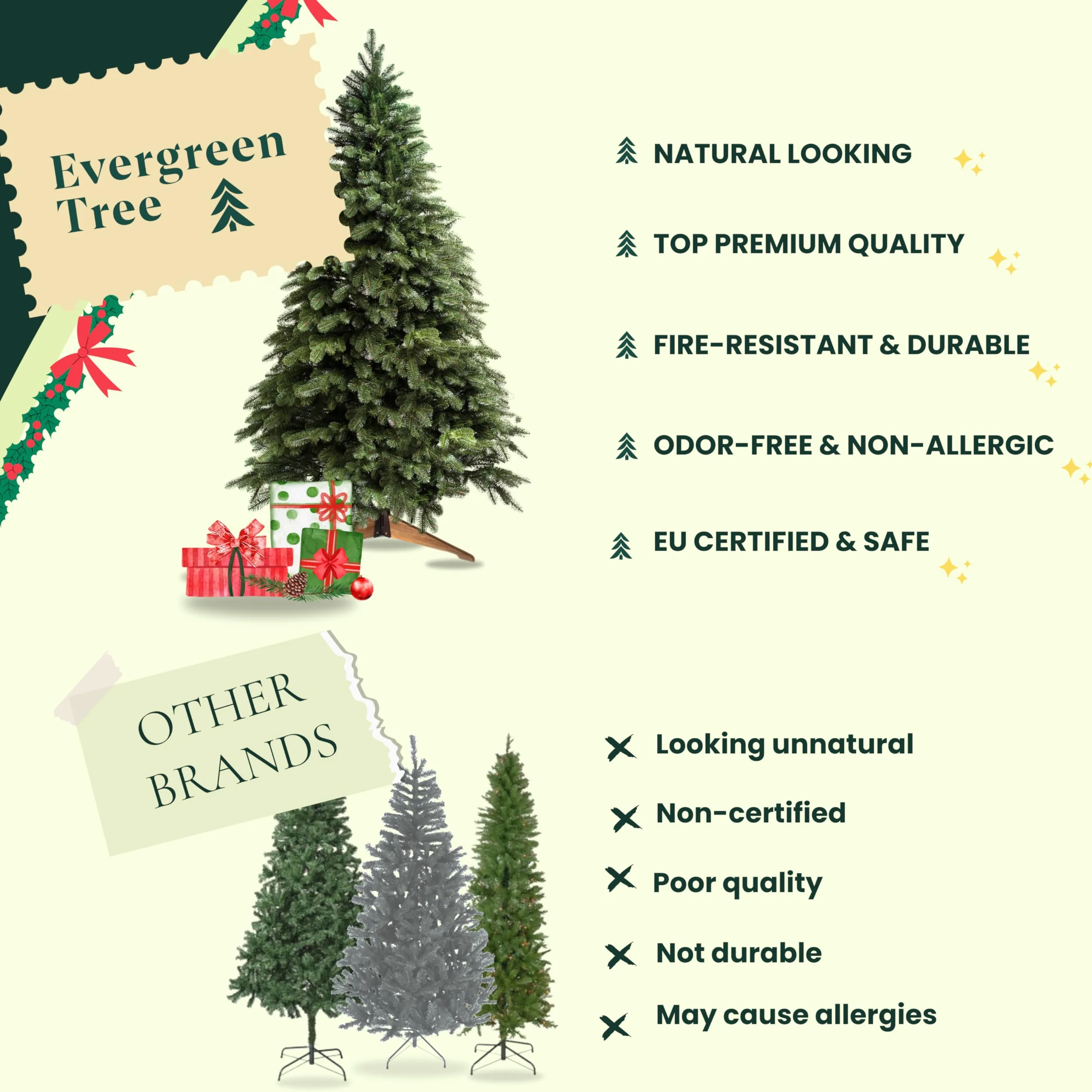 Evergreen Tree® Sztuczna choinka 210 cm, wysokiej jakości, 100% formowana wtryskowo, z drewnianym stojakiem, prawdziwe gałązki – Made in EU – Artificial Christmas Tree