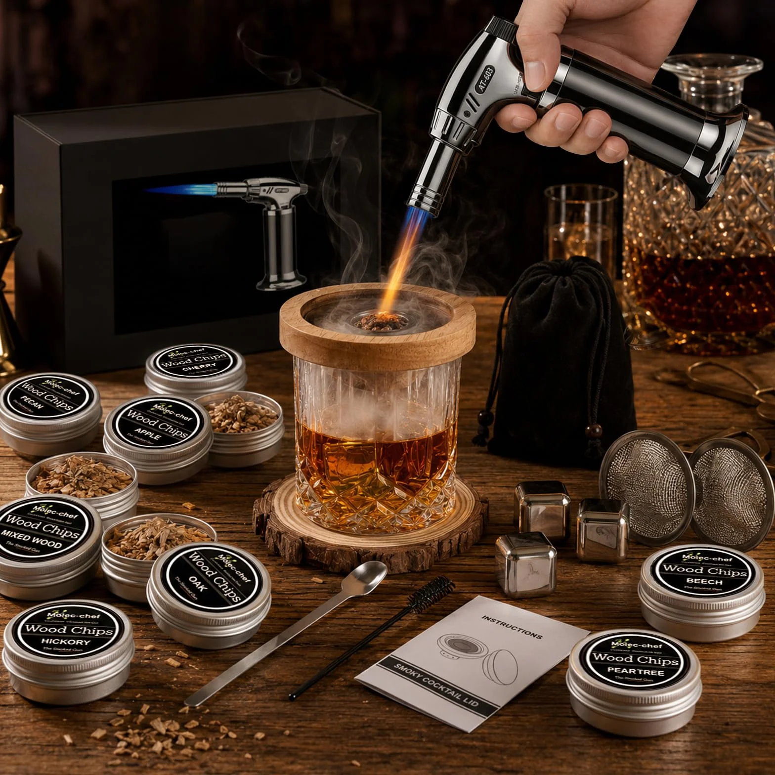 Zestaw wędzarniczy do whisky z pochodnią, zestaw do wędzenia koktajli, 8 rodzajów drewna i akcesoriami, zestaw do wędzenia do drinków dla Old Fashioned & Bourbon – pomysł na prezent dla