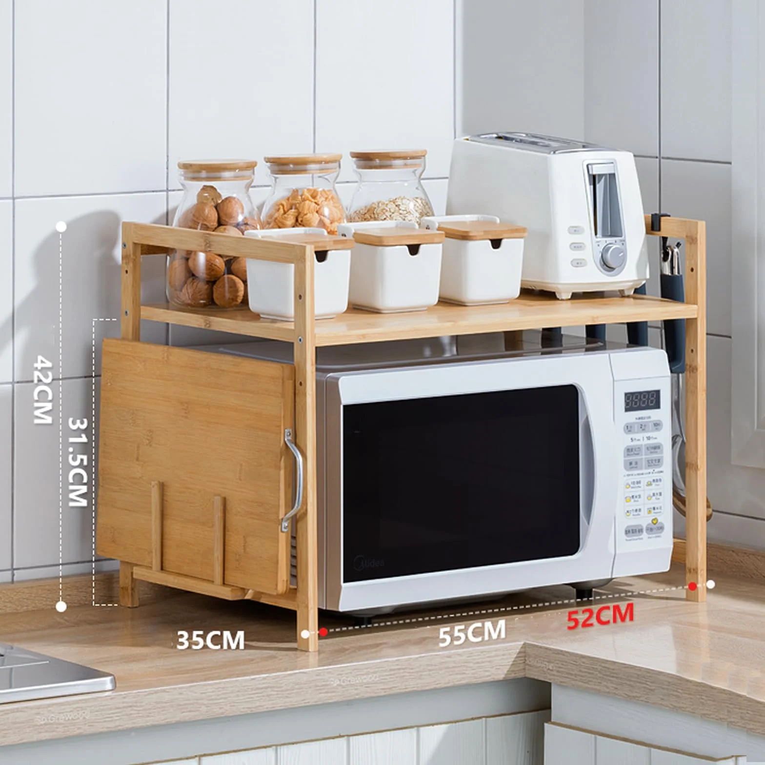 2-poziomowy bambusowy stojak na kuchenkę mikrofalową z haczykami i stojakiem na deskę do krojenia, regulowany, wolnostojący, do kuchni, rustykalny minimalistyczny design, oszczędność miejsca