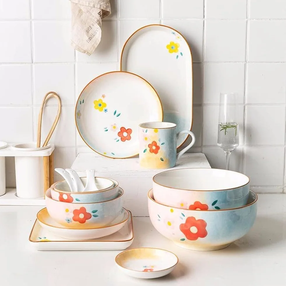 Zestawy zastawy stołowej dla 6 osób, nadają się do mycia w zmywarce i używania w kuchence mikrofalowej, porcelanowe talerze i miski