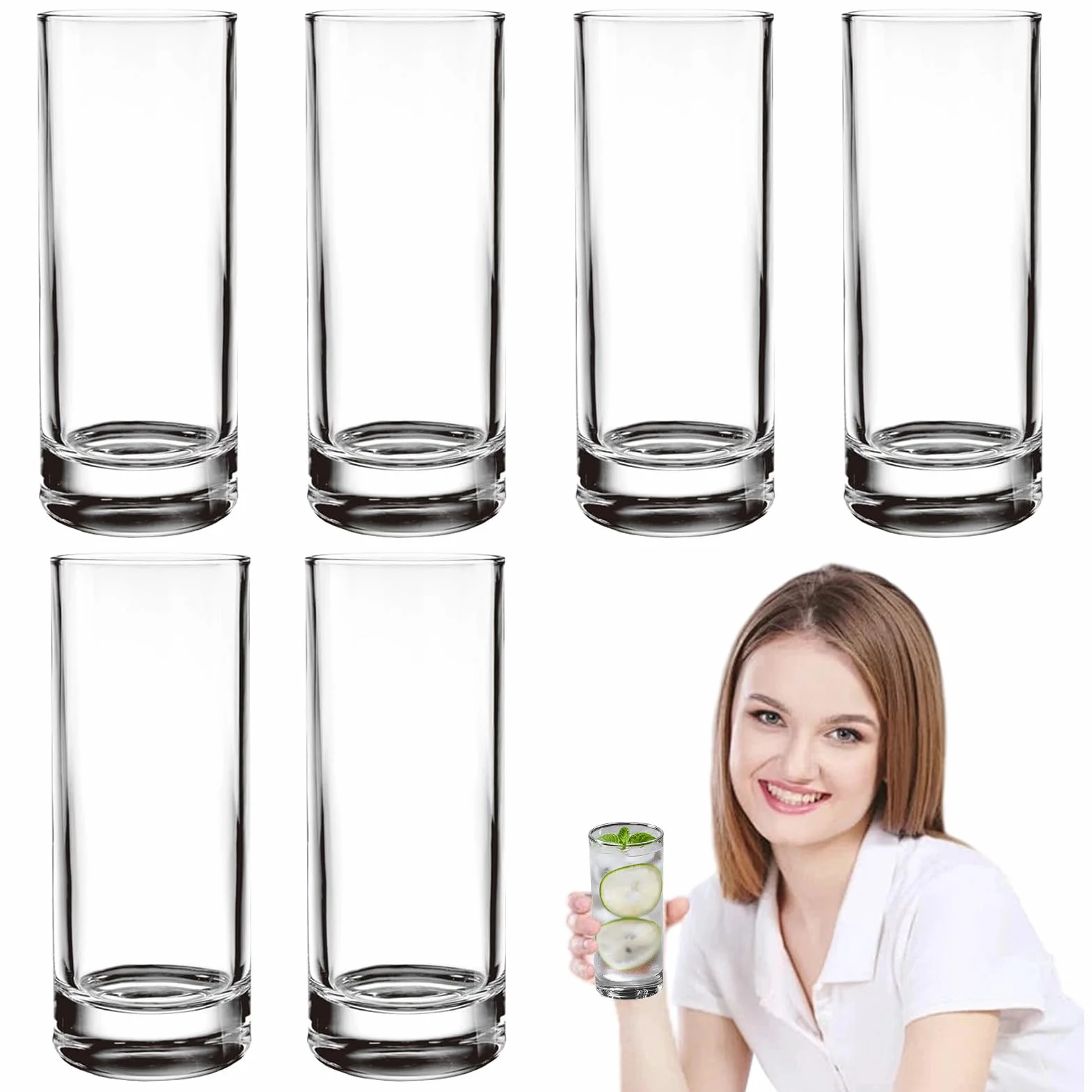 Szklanki do wody, wysokie szklane kubki o pojemności 290 ml, wielokrotnego użytku, naczynia do picia, 6 sztuk, do domu, przy basenie, na zewnątrz, patio, koktajl, whisky, lód, herbatę, wino,