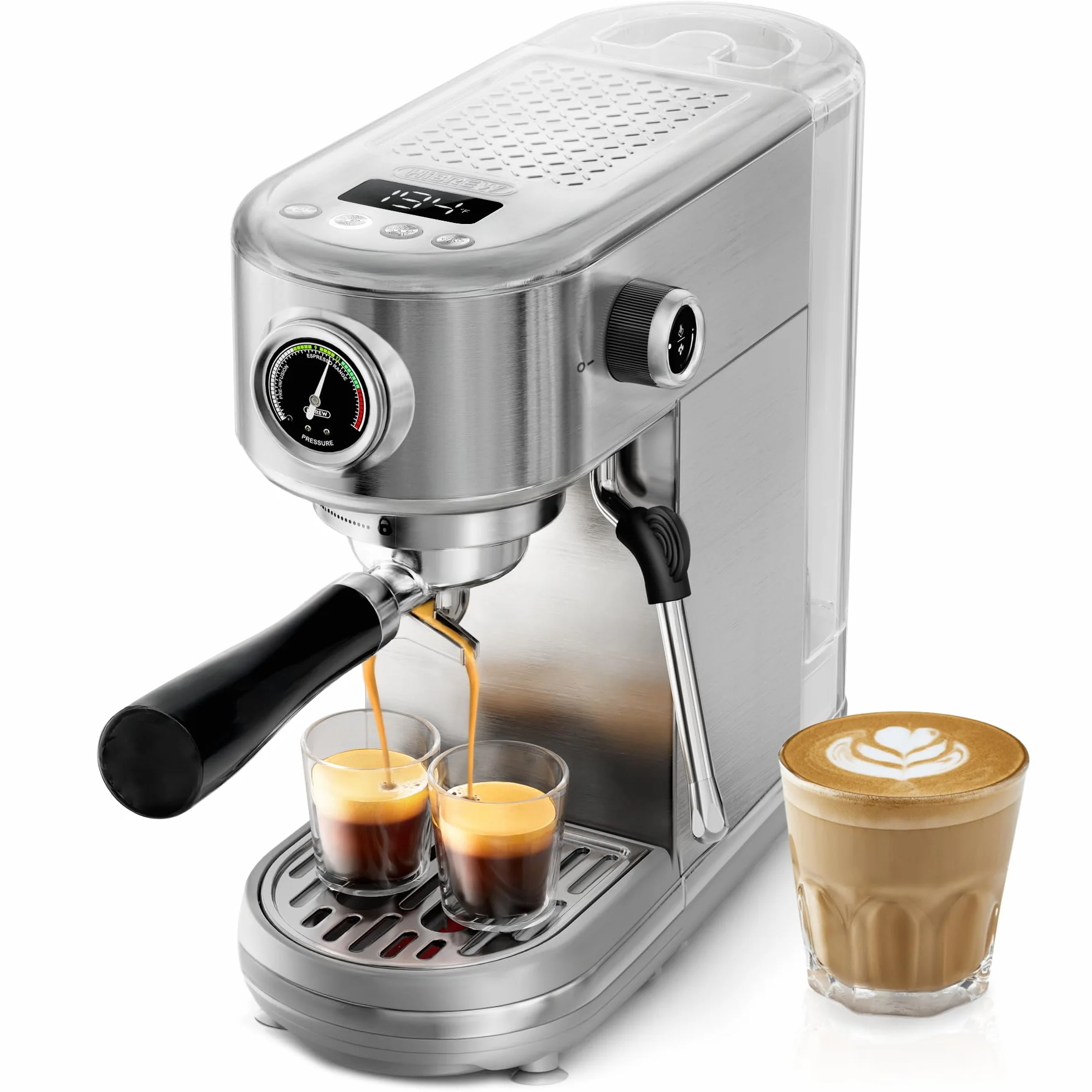 HIBREW Programowalny ekspres do espresso, H10B, szczotkowana stal nierdzewna, regulowana temperatura i objętość filiżanki, oczyszczacz parowy do spieniania mleka